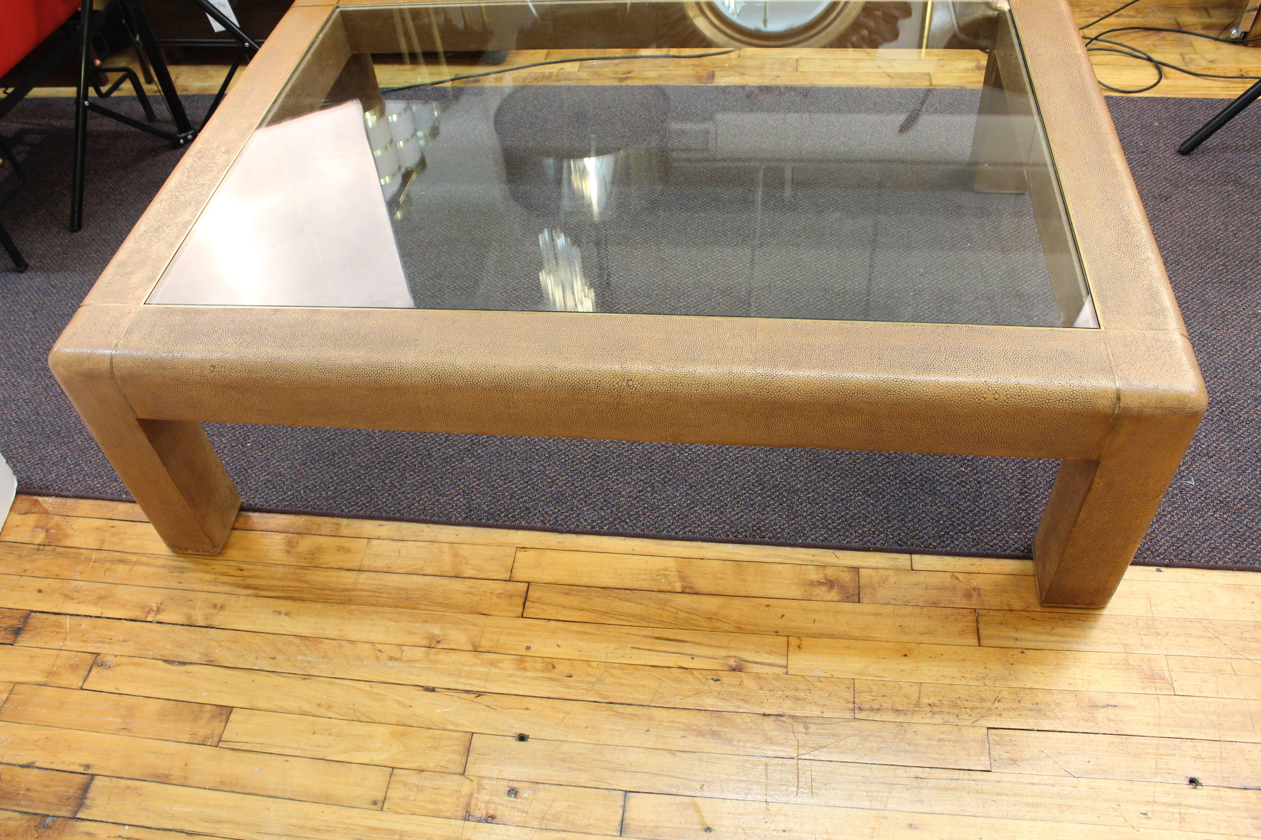 Karl Springer Coffee Table with Brown Shagreen Frame and Inset Glass Panel 2