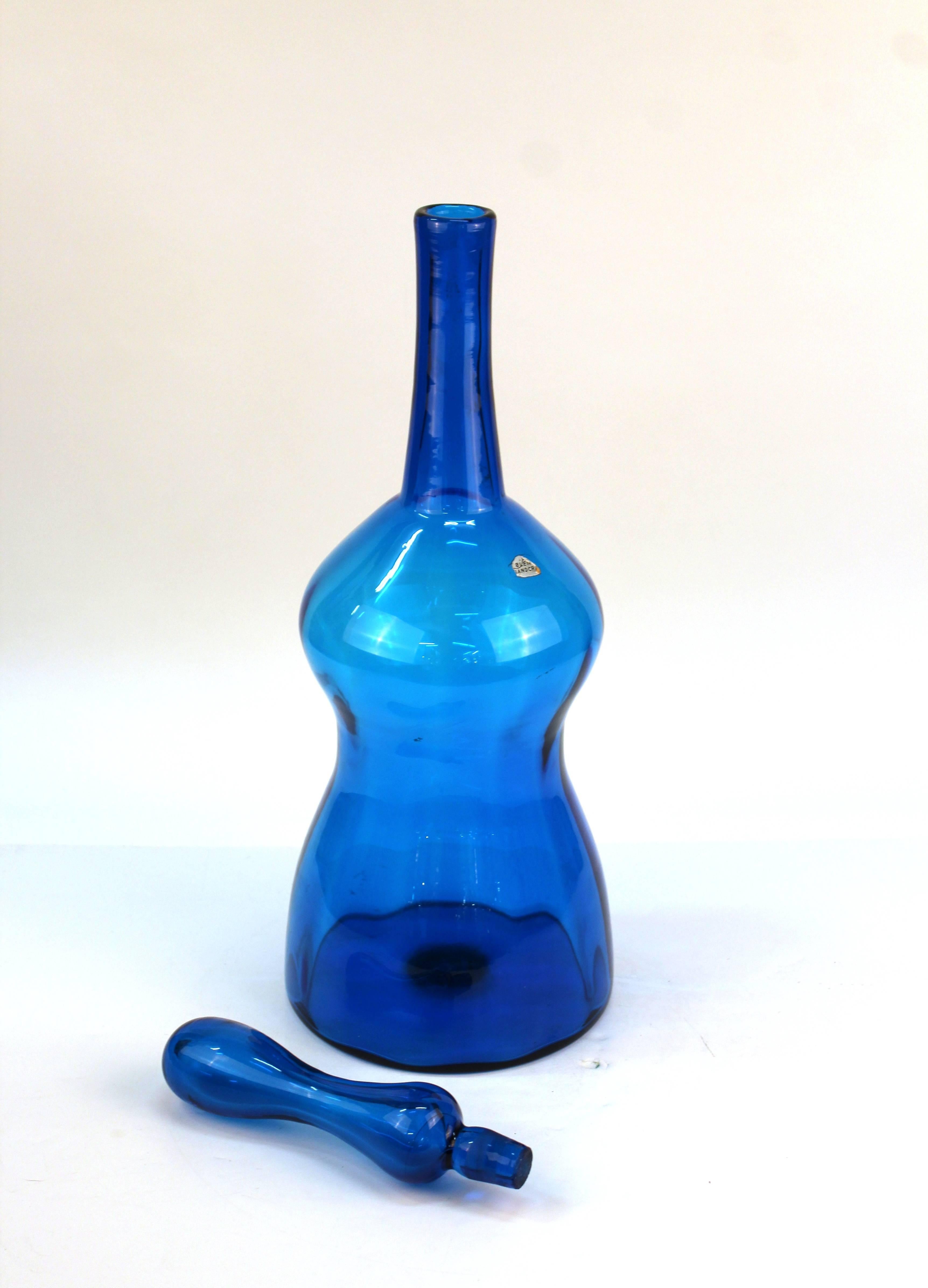 Large Joel Myers for Blenko Decanter #6954 in blue handblown glass with pontil on bottom. This piece still has a partial foil label, pictured. Made in 1969 in Milton, West Virginia. In excellent condition.