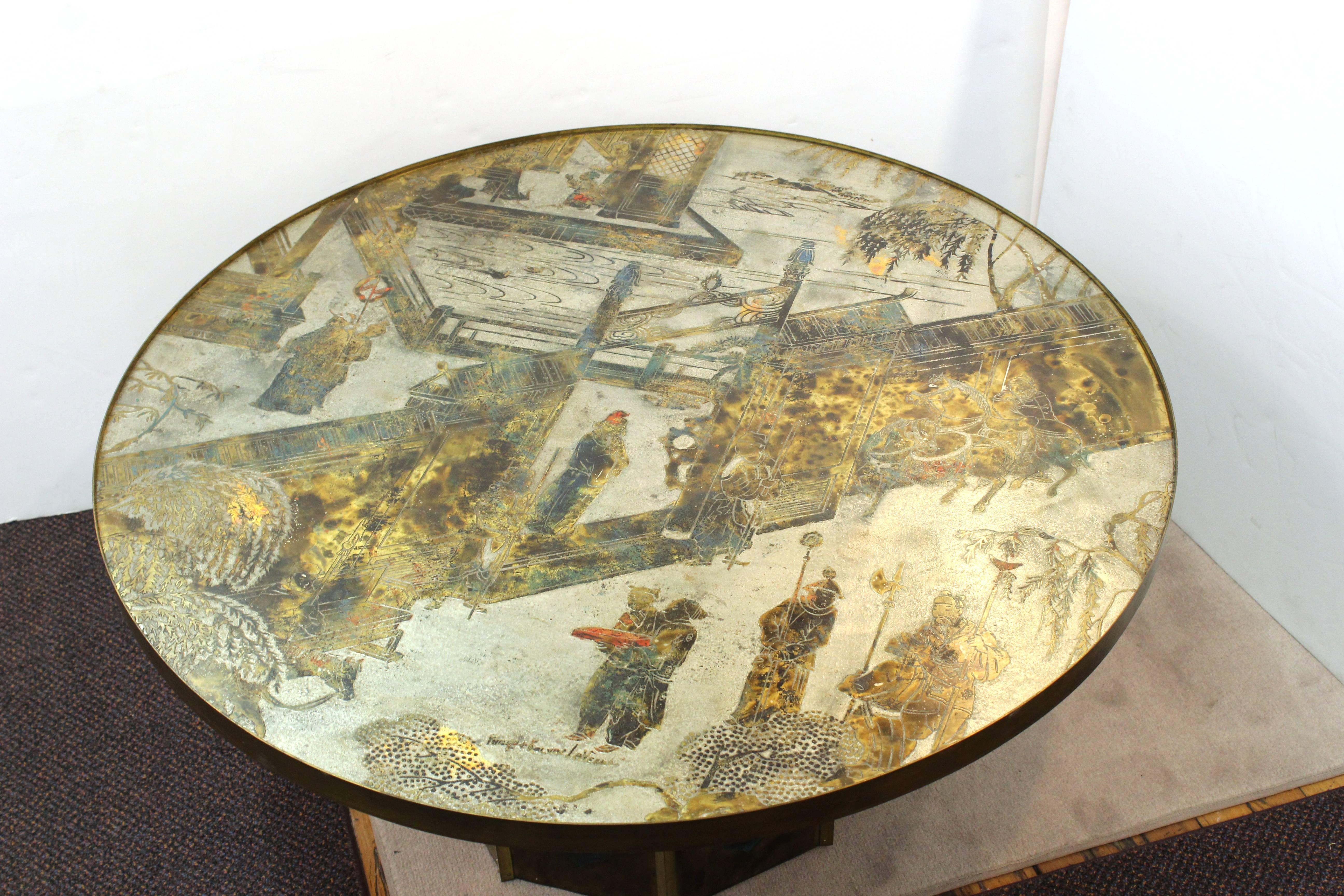 An end table designed in the chinoiserie style by Philip and Kelvin LaVerne during the Mid-20th century. Signed on the table face. In very good condition.
