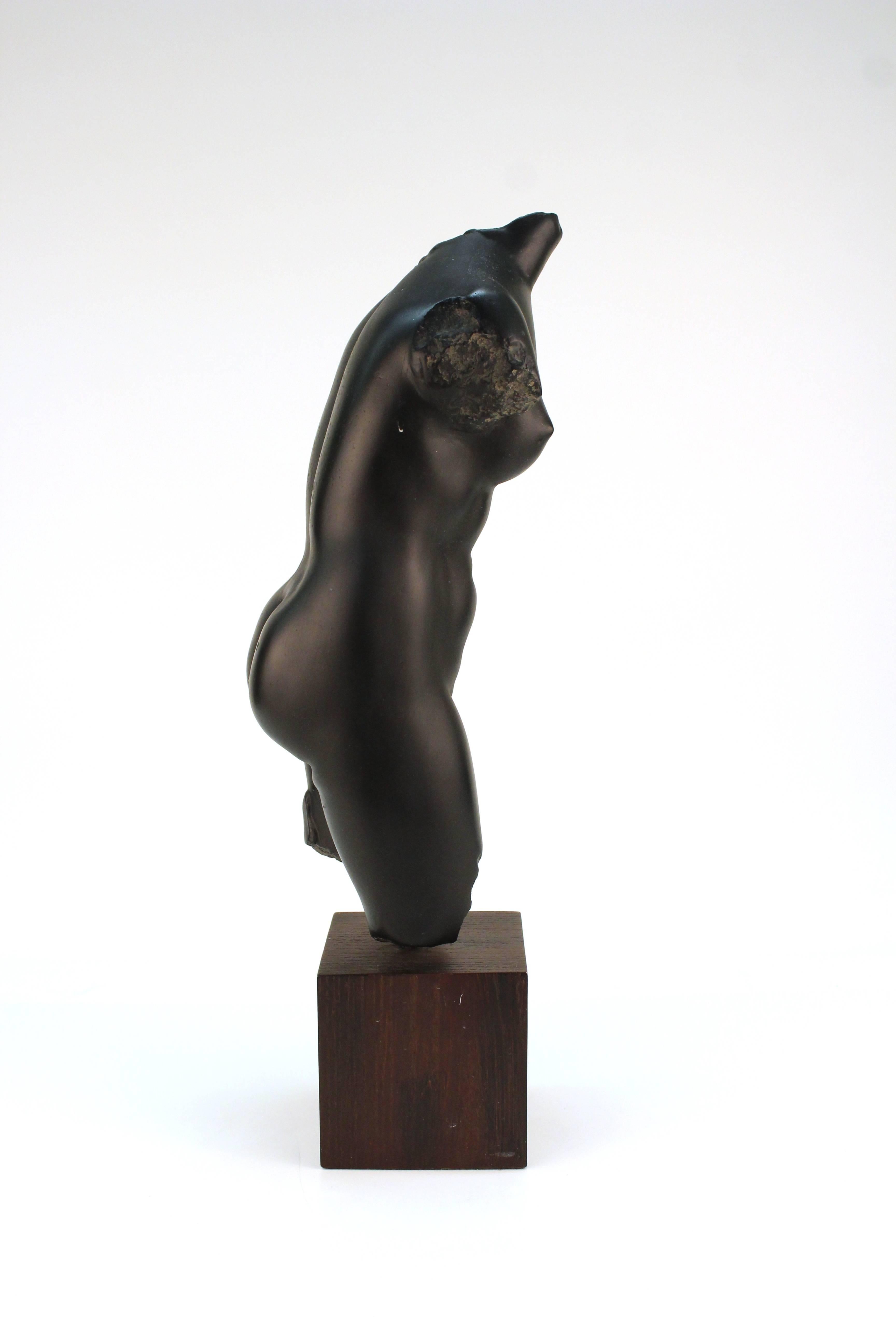 Black resin sculpture of a classical female torso mounted on a wooden base. Includes hallmark for the Metropolitan Museum of Art in New York City. Despite some wear to the base the sculpture remains in good condition.