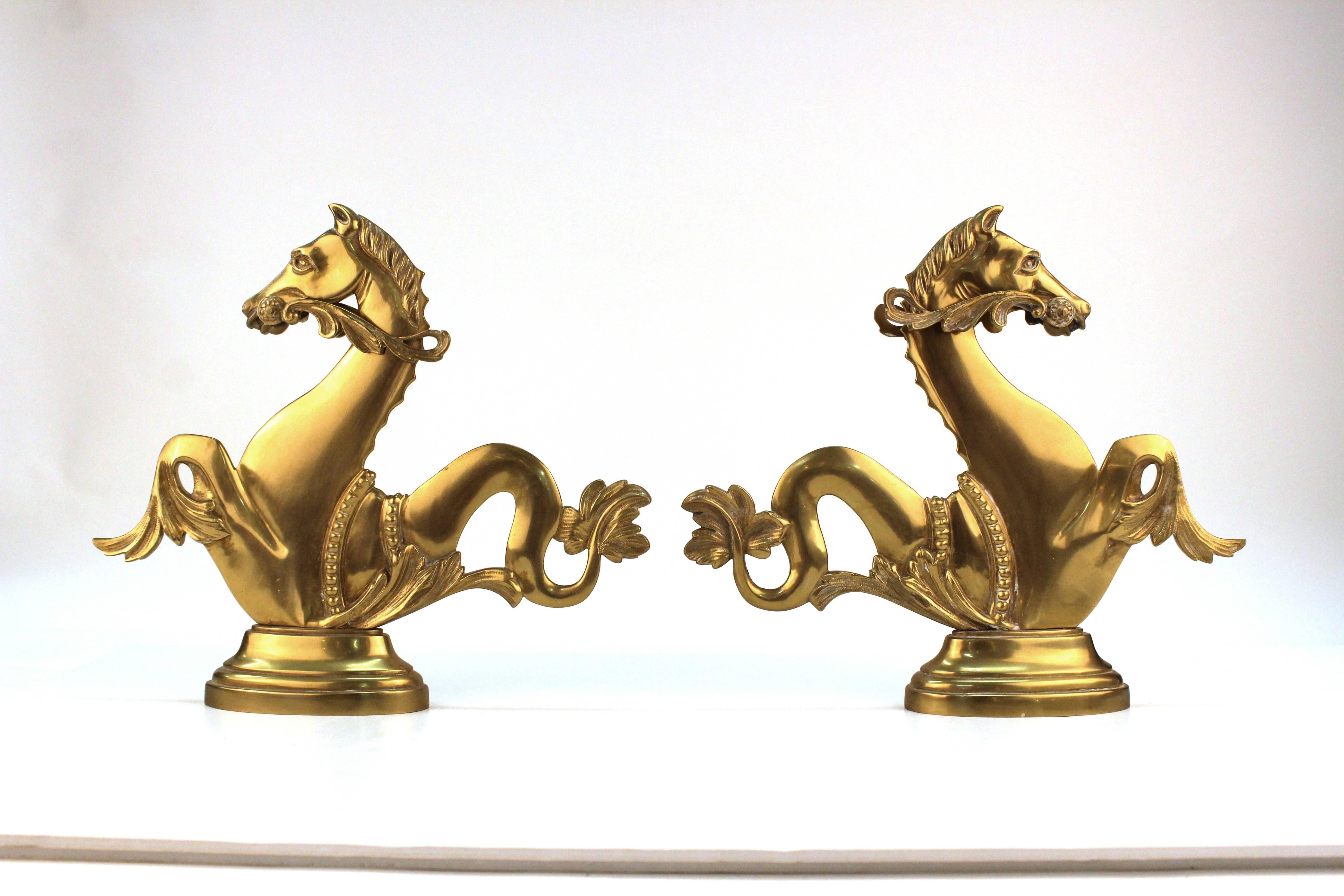 A pair of vintage brass gondola horses from Venice. These horses, also known as Seahorses or Hippocampi, are replicas of the ones used as decorative cleats on gondolas.
