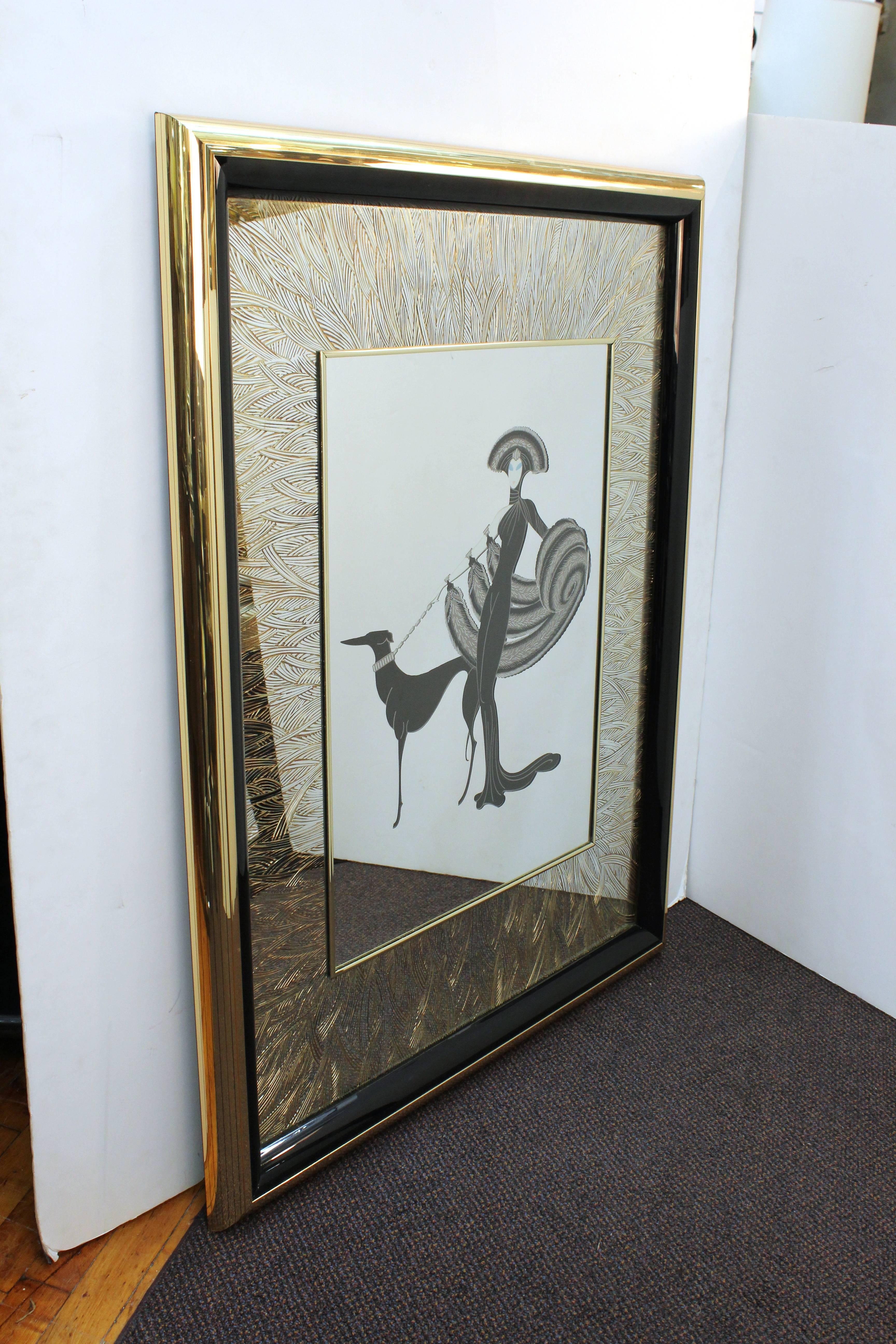 A mirror designed by Art Deco artist Erte during the 1980s. Features a stunning portrait of a woman draped in furs with a noble looking greyhound. In very good condition.