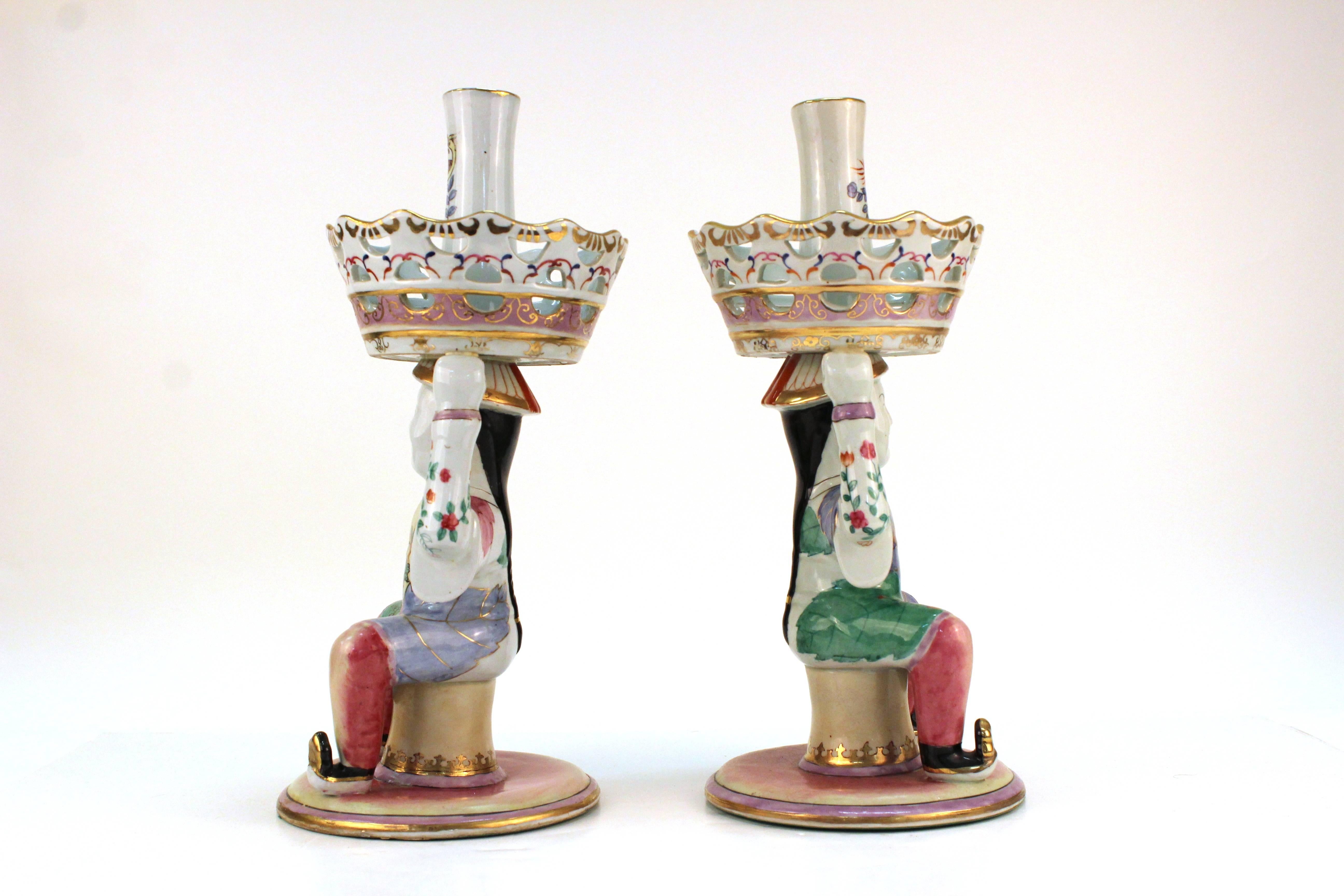 Ceramic Pair of Mottahedeh Style Chinese Inspired Epergnes For Sale