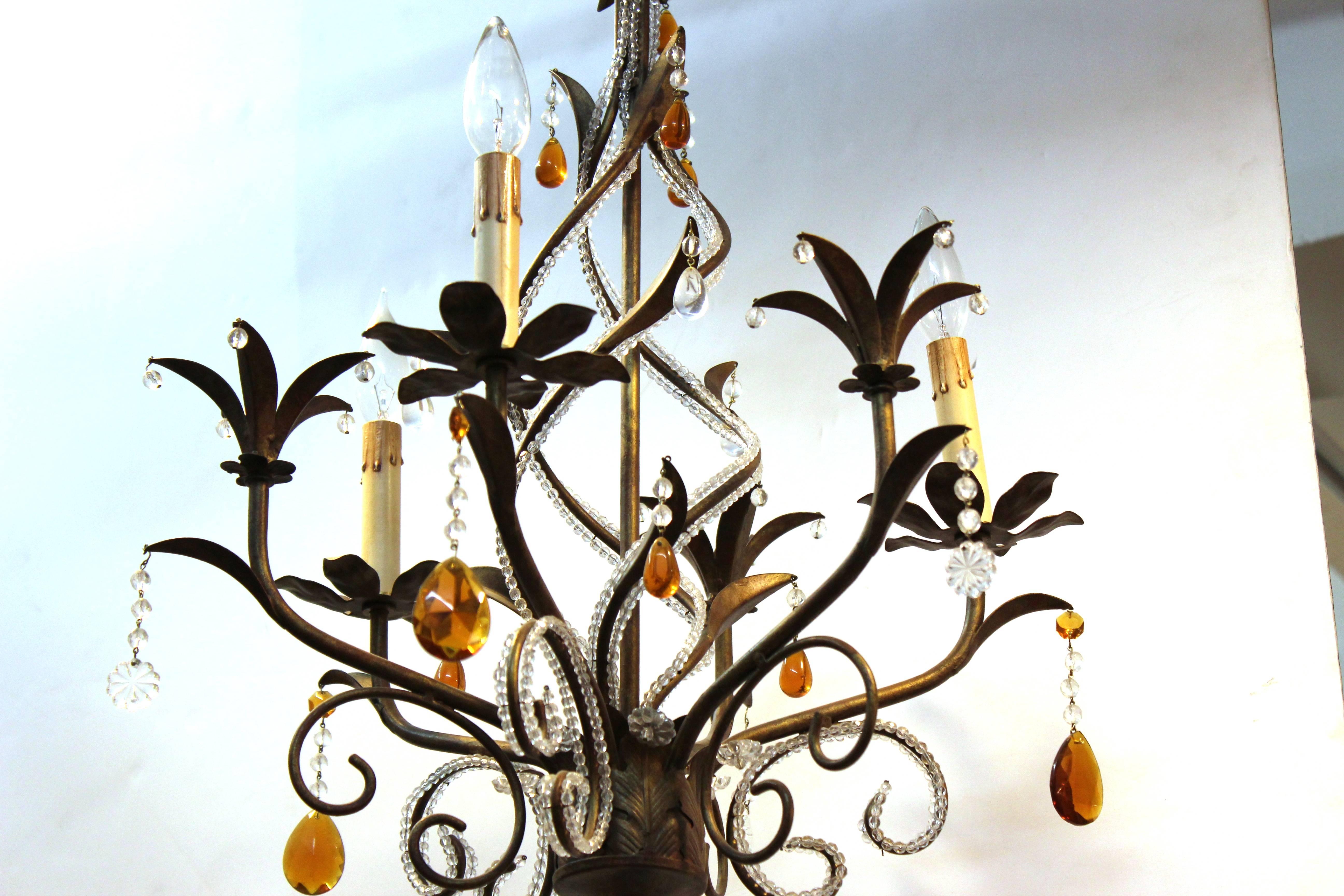 Patinated Brass and Orange Crystal Drop Chandelier In Good Condition In New York, NY