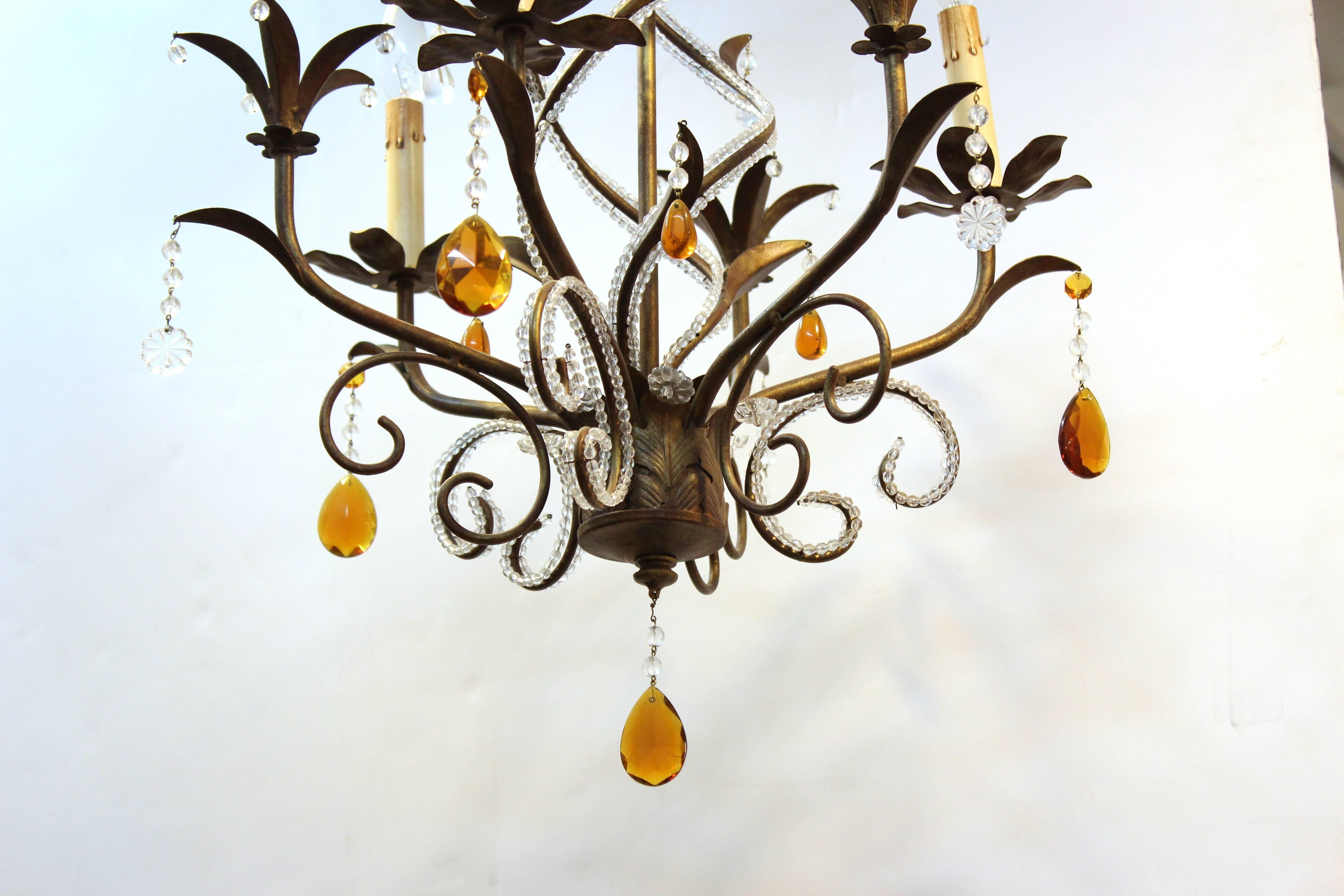 20th Century Patinated Brass and Orange Crystal Drop Chandelier