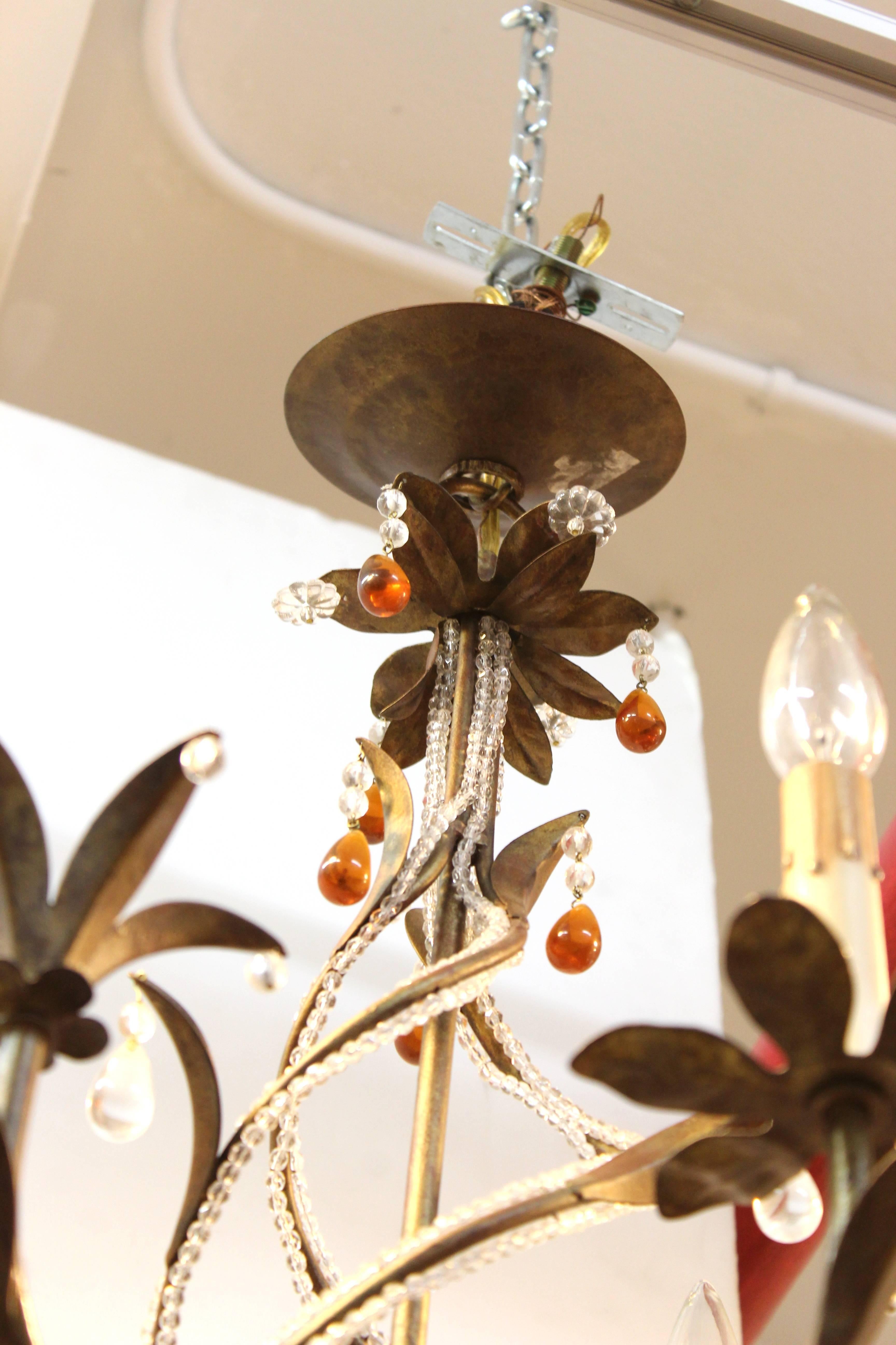 Patinated Brass and Orange Crystal Drop Chandelier 2