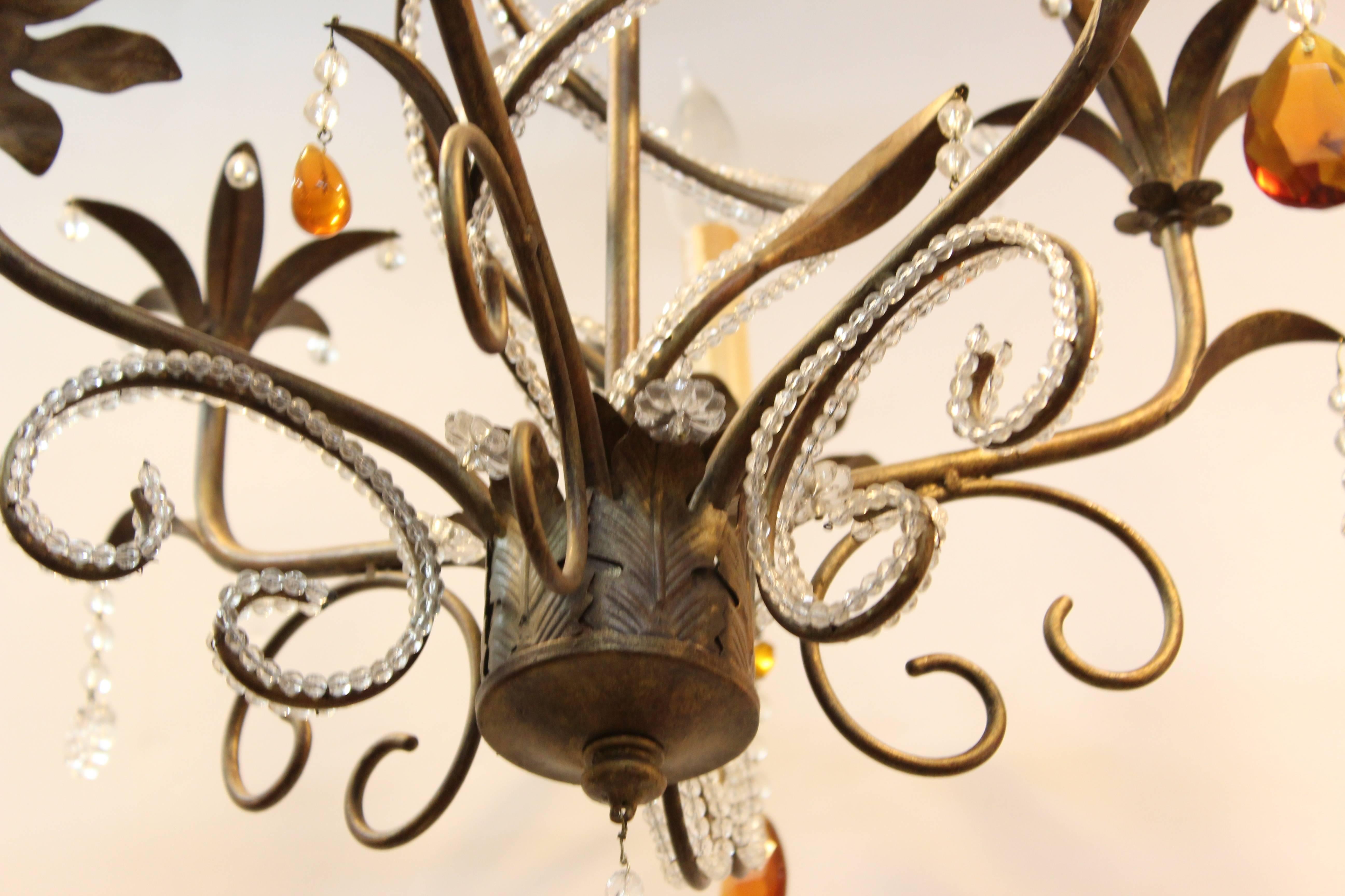 Patinated Brass and Orange Crystal Drop Chandelier 1