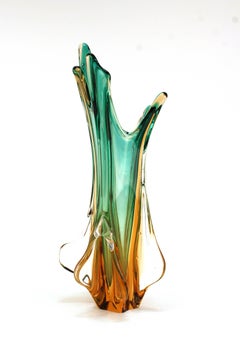 Splash Vase in Teal, Clear and Orange Murano Glass