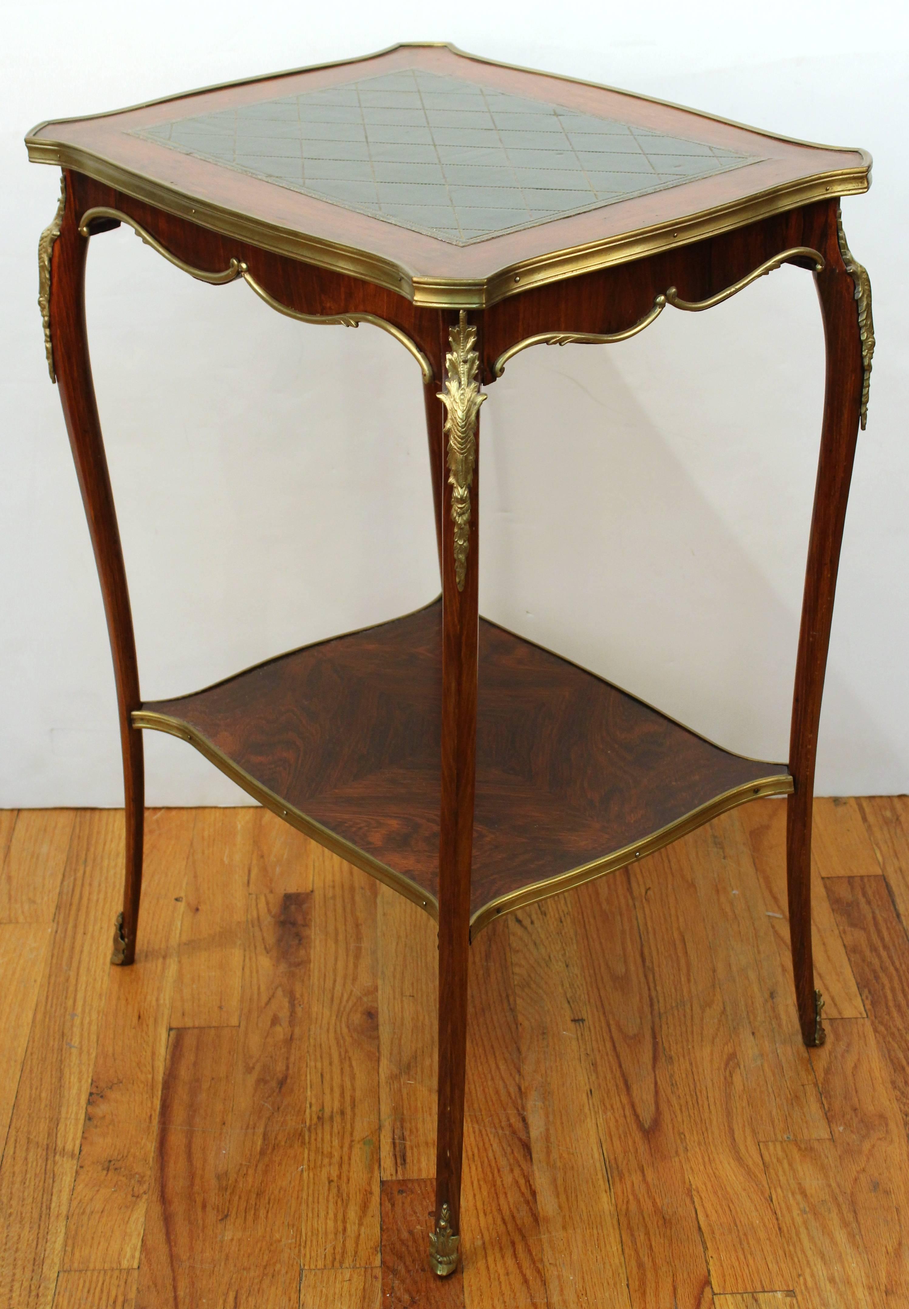 Louis XVI 19th Century Wooden Side Table with Shelf and Green Leather Top
