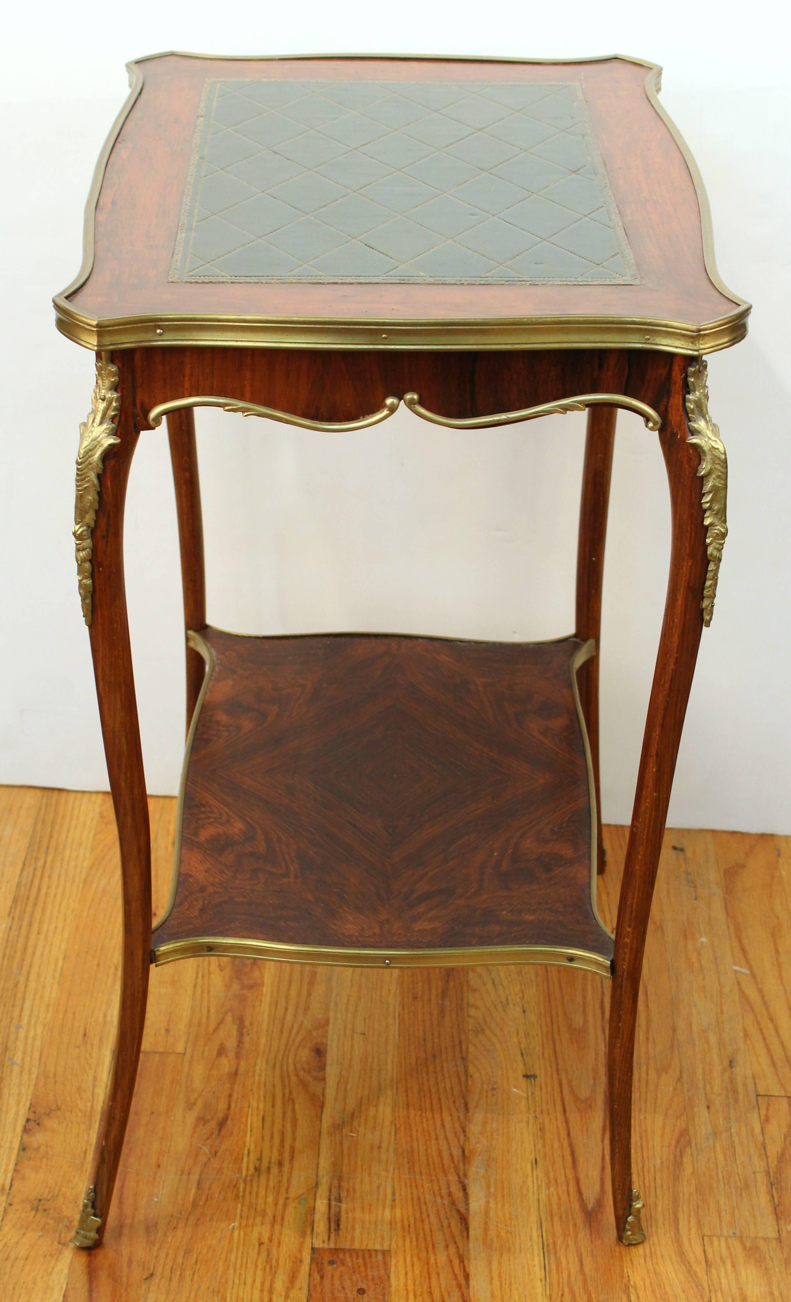 19th Century Wooden Side Table with Shelf and Green Leather Top In Good Condition In New York, NY
