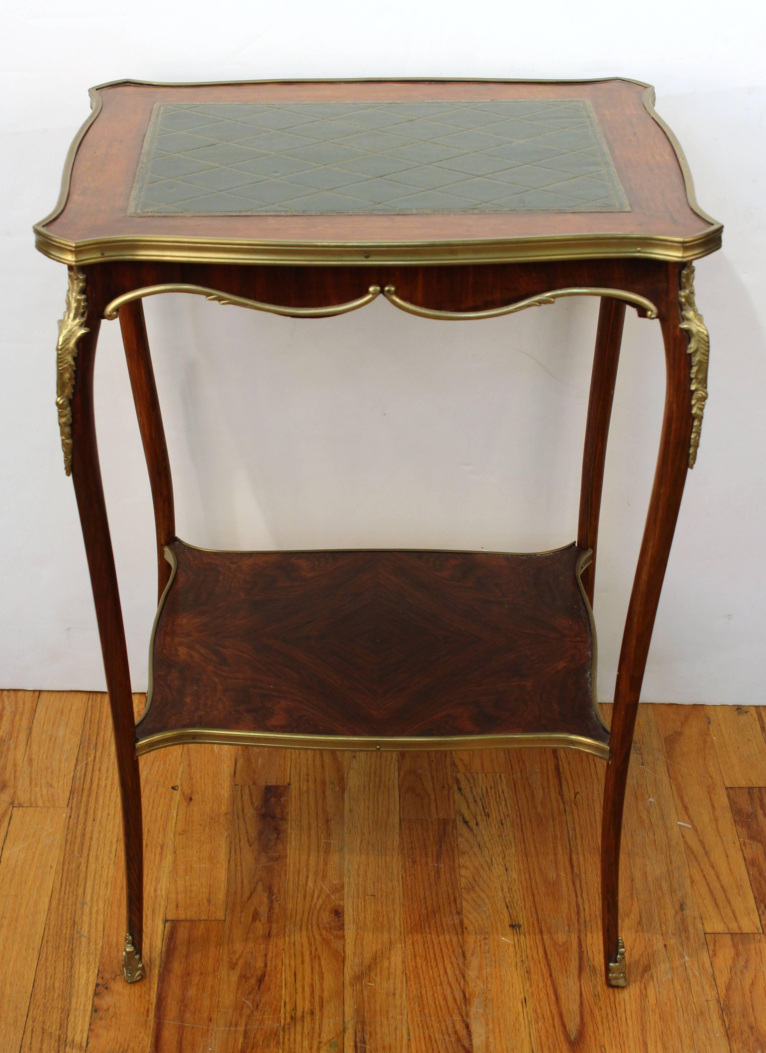 Brass 19th Century Wooden Side Table with Shelf and Green Leather Top