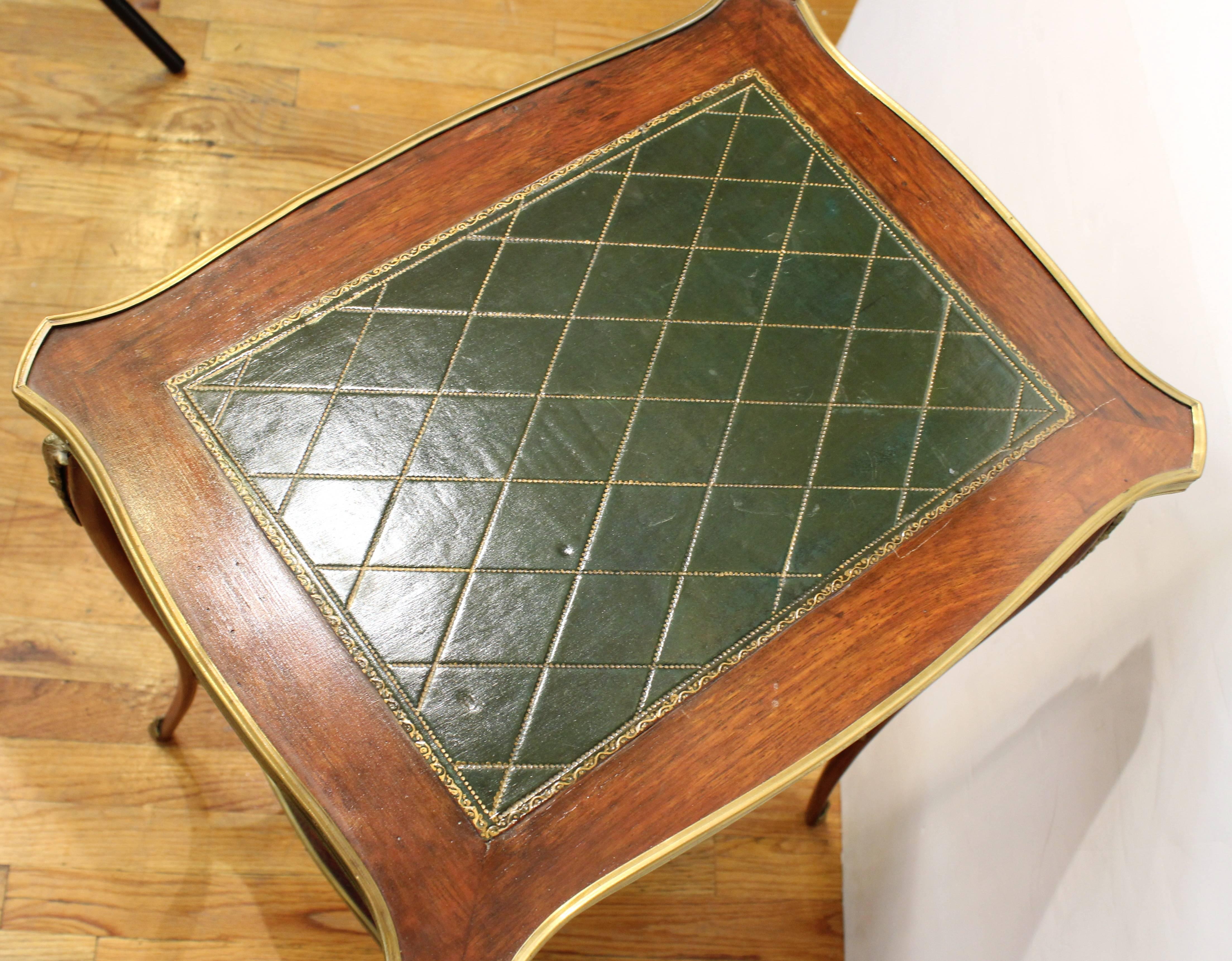 19th Century Wooden Side Table with Shelf and Green Leather Top 1