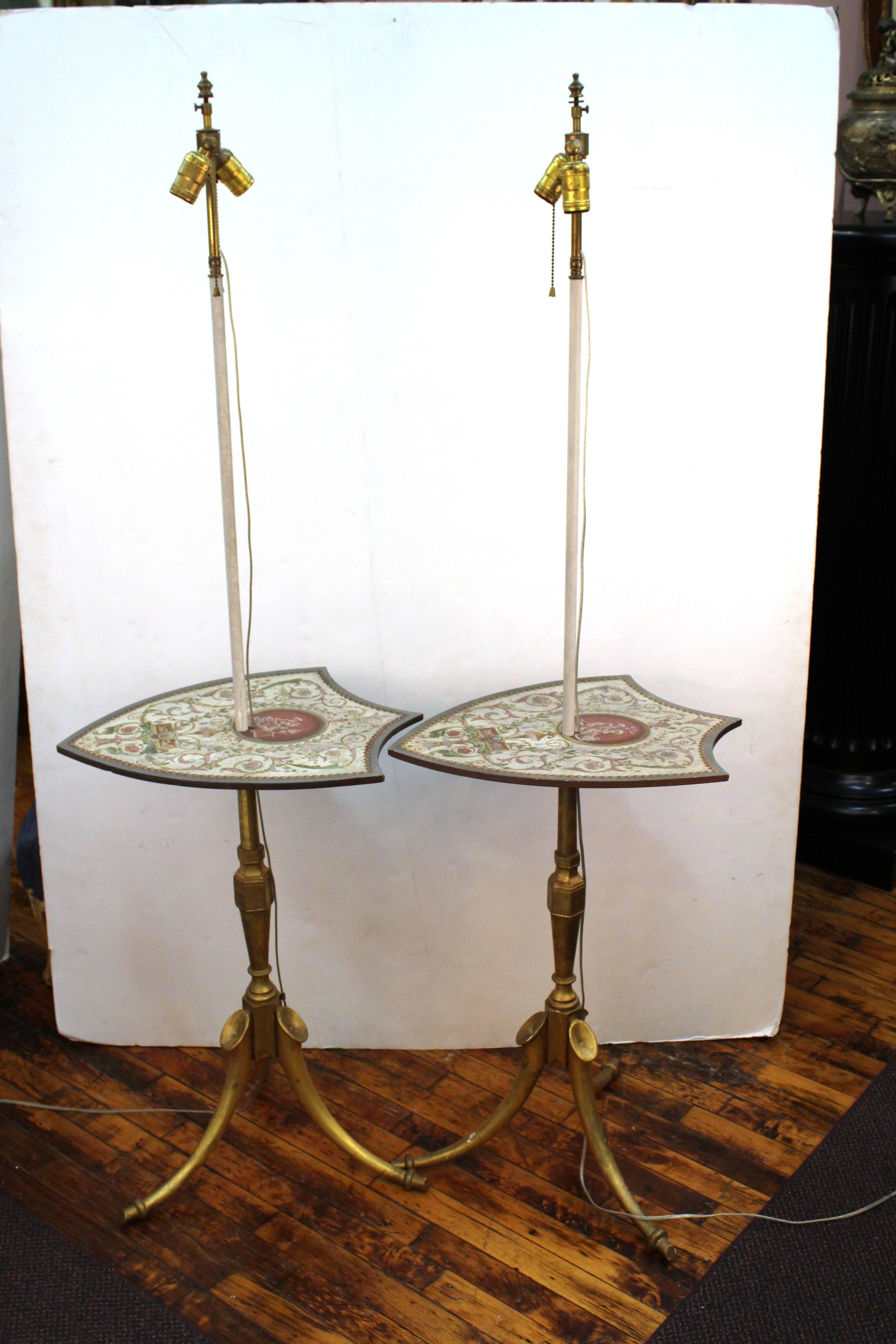 20th Century Pair of Painted Shield Floor Lamps