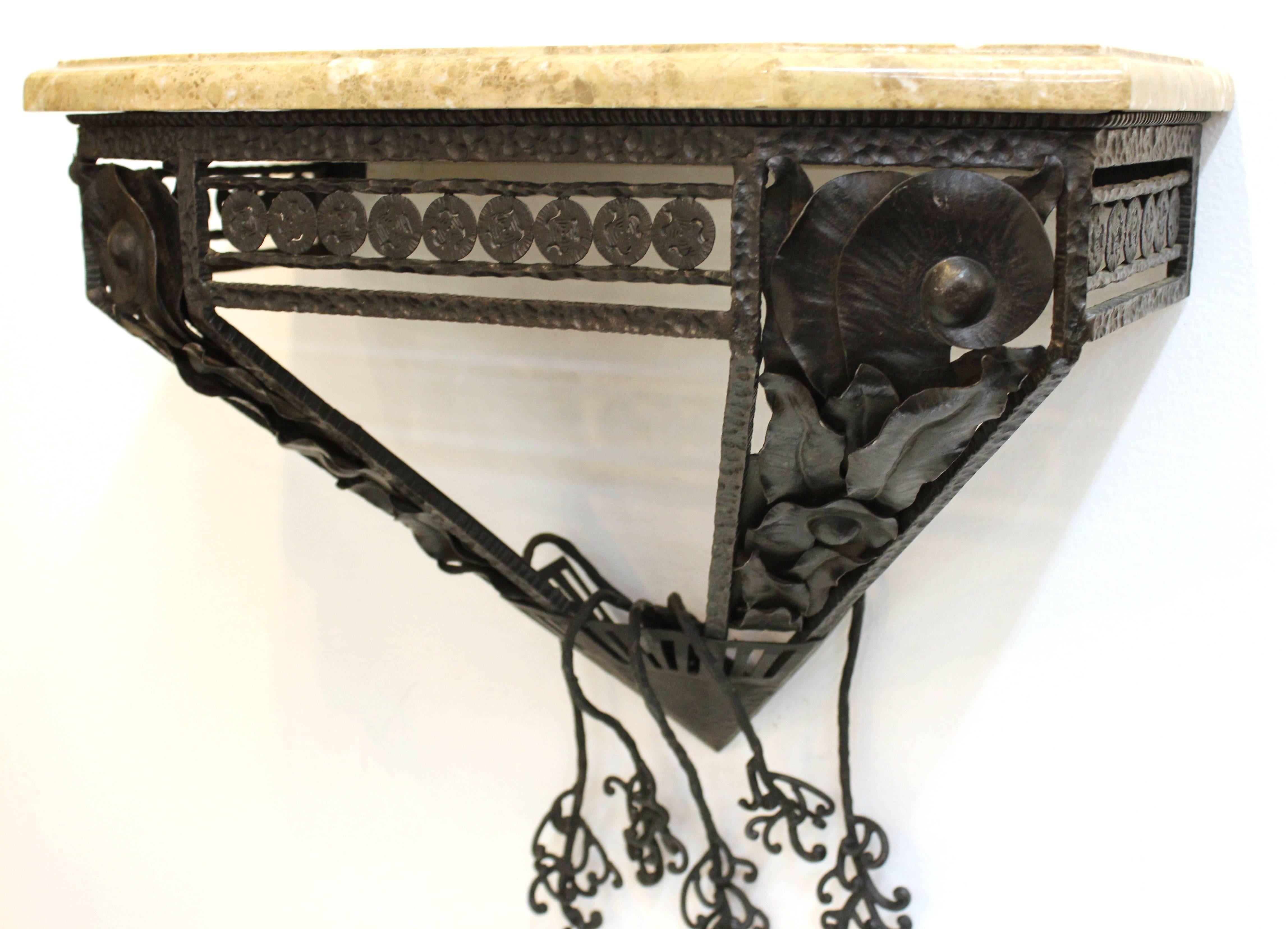Art Deco Wall-Mounted Oscar Bach Style Wrought Iron and Marble Console