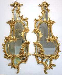 Chinese Chippendale Style Mirrors with Ornately Carved Wooden Gold- Tone Frames