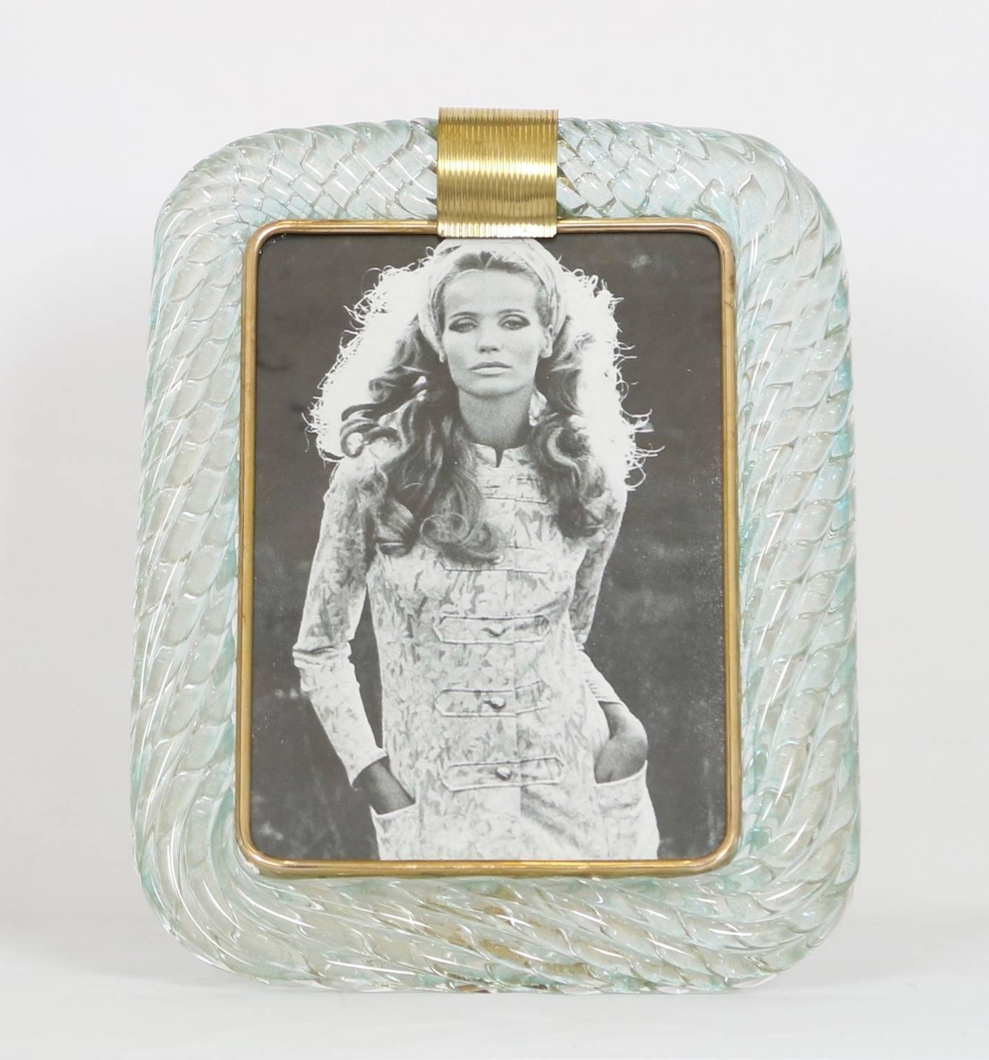 Mid-Century Modern Venini Torciglione Murano Glass Photo Frame in Aqua with Gold Inclusions