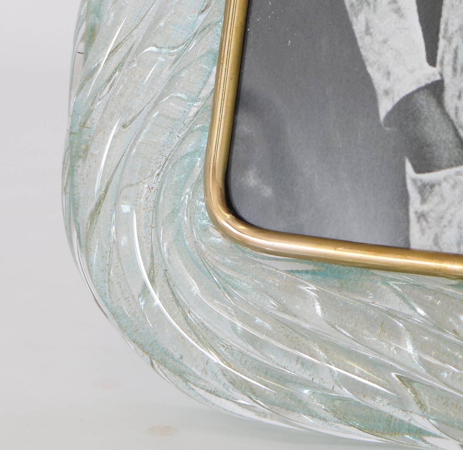 Mid-20th Century Venini Torciglione Murano Glass Photo Frame in Aqua with Gold Inclusions