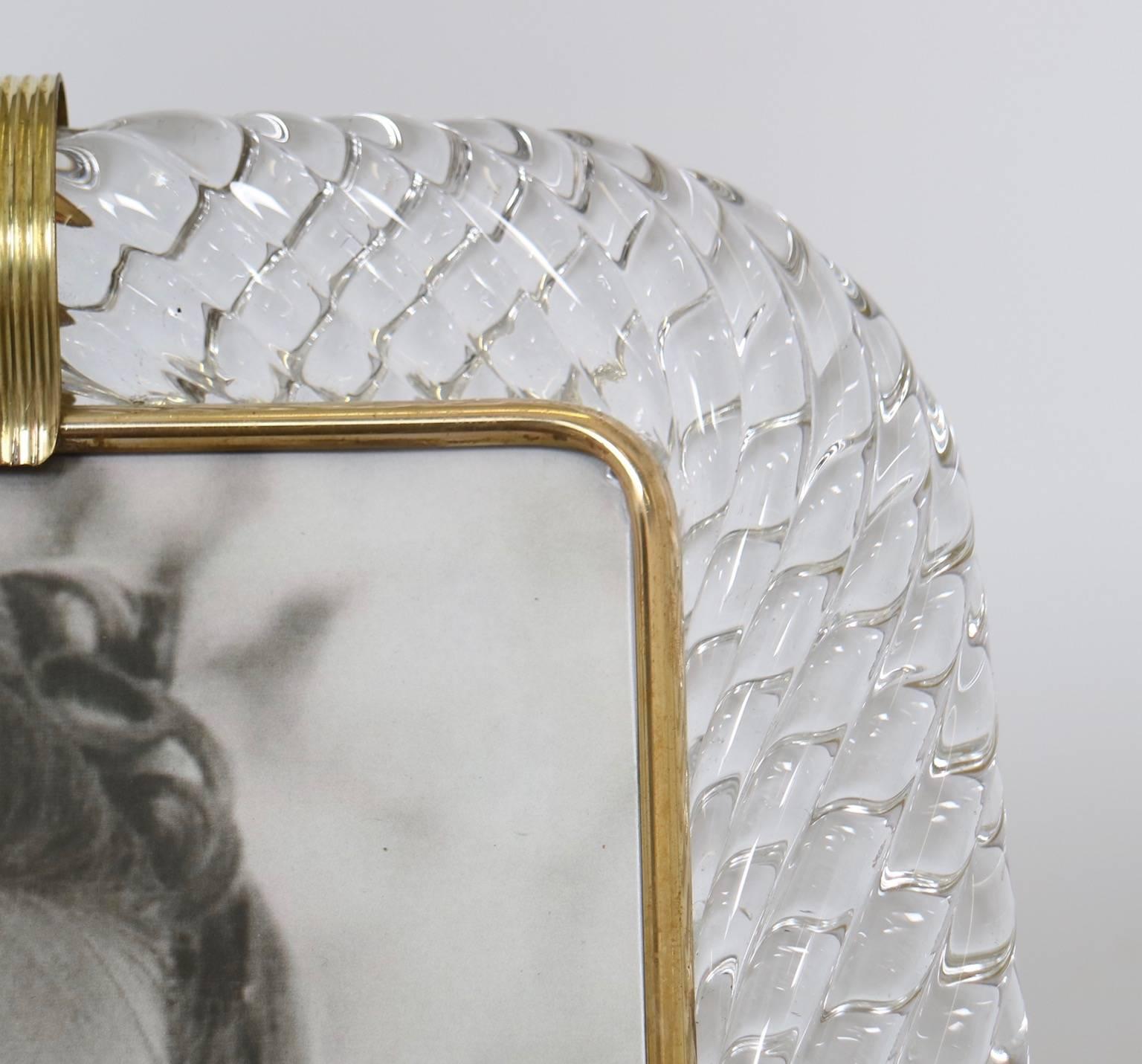 Mid-20th Century Venini Torciglioni Murano Clear Glass Photo Frame with Brass Band on Top