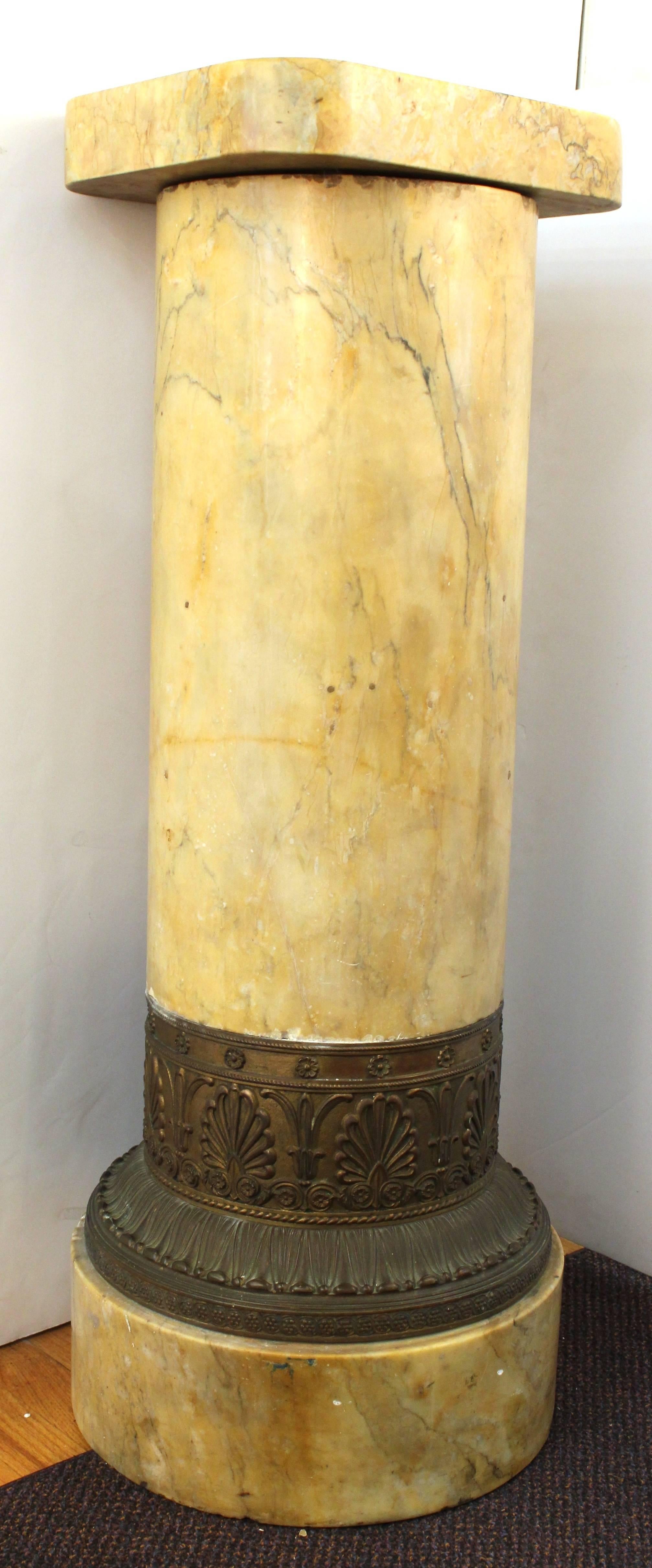 Neoclassical Revival 19th Century Pedestal in Solid Marble with Decorative Band in Bronze