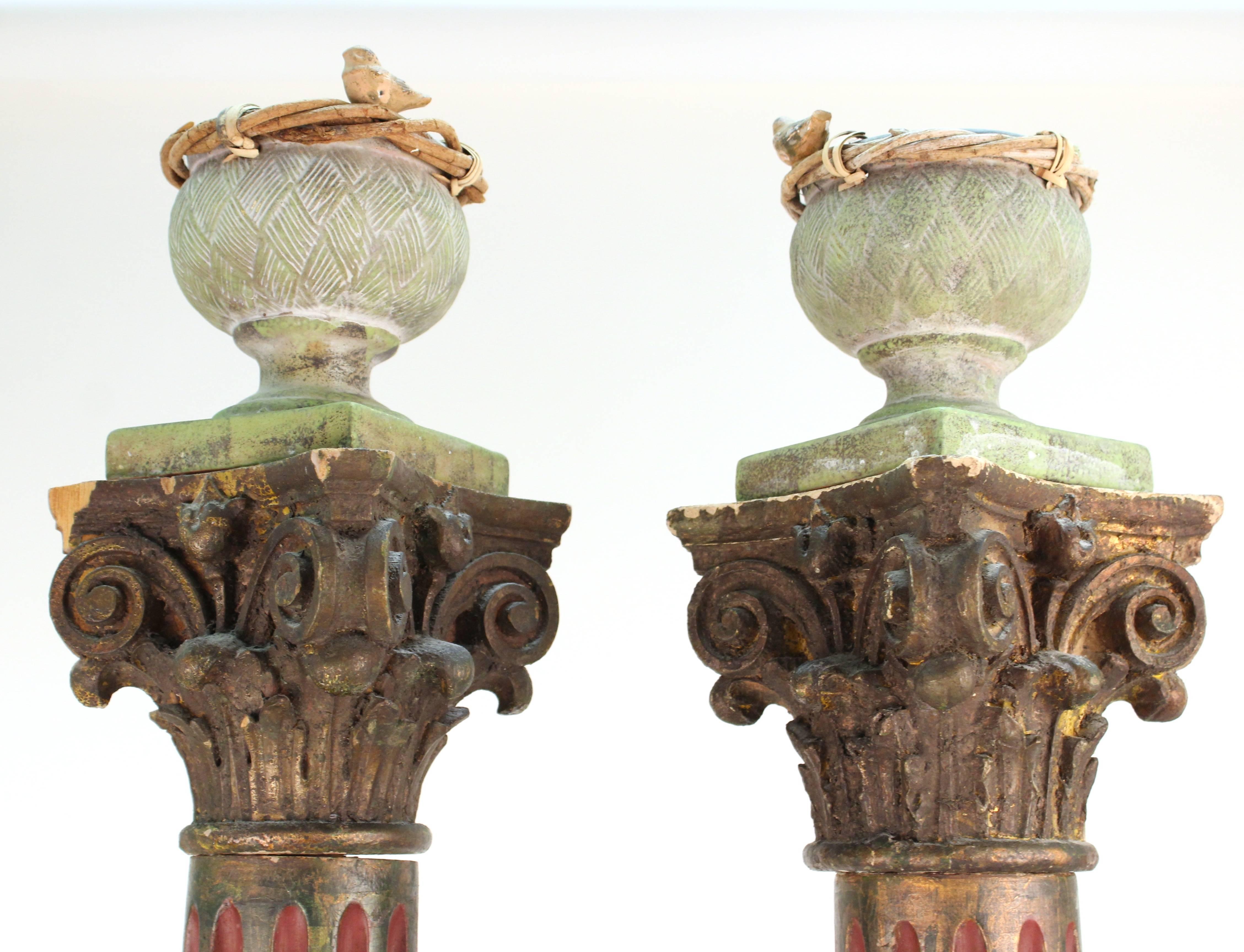Unknown Victorian Wooden Corinthian Columns with Bird Nests on Top