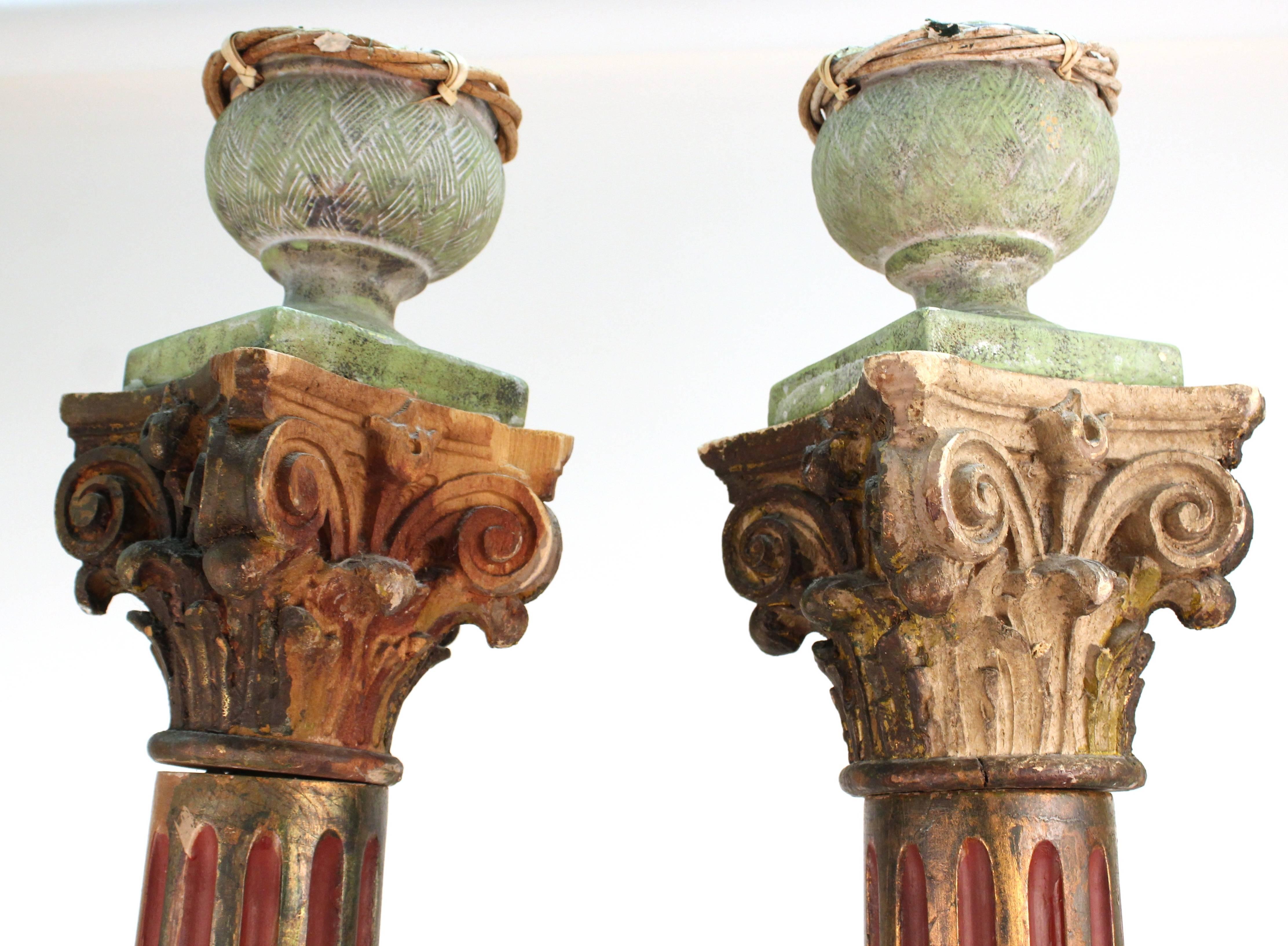 Painted Victorian Wooden Corinthian Columns with Bird Nests on Top