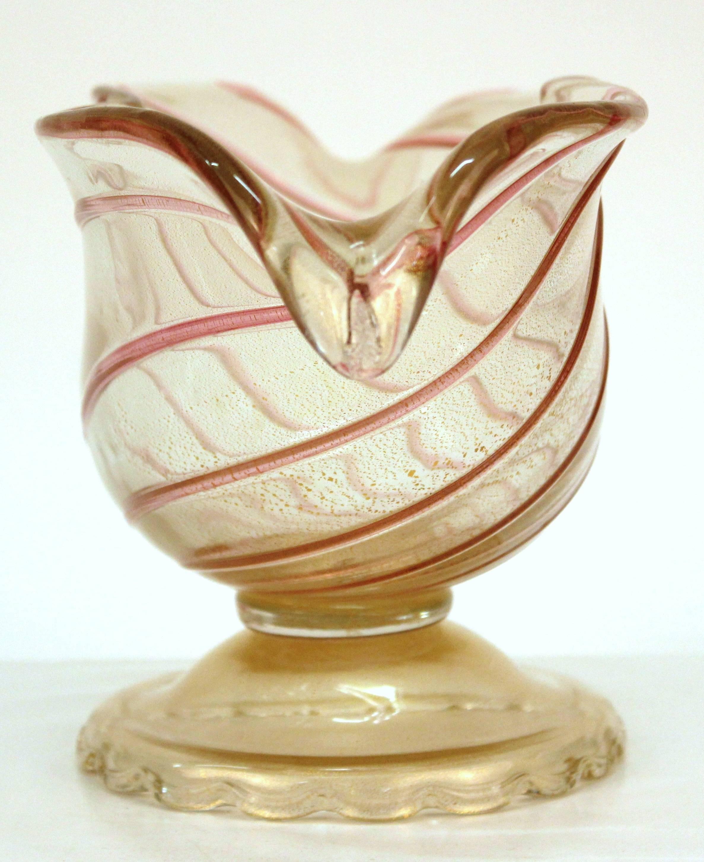 Mid-Century Modern Murano Glass Vase or Bowl in Swirl Pattern with Gold Flakes