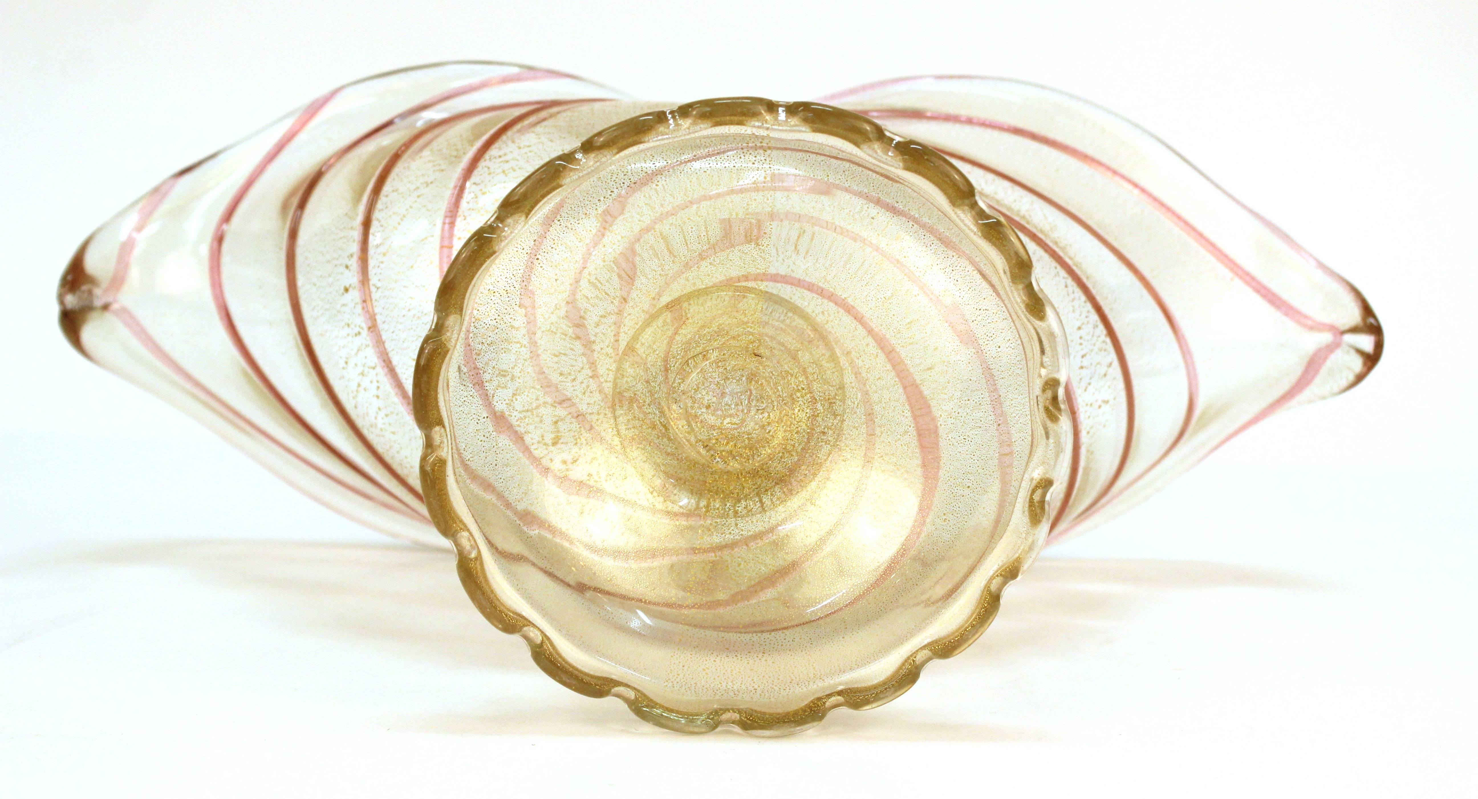 20th Century Murano Glass Vase or Bowl in Swirl Pattern with Gold Flakes