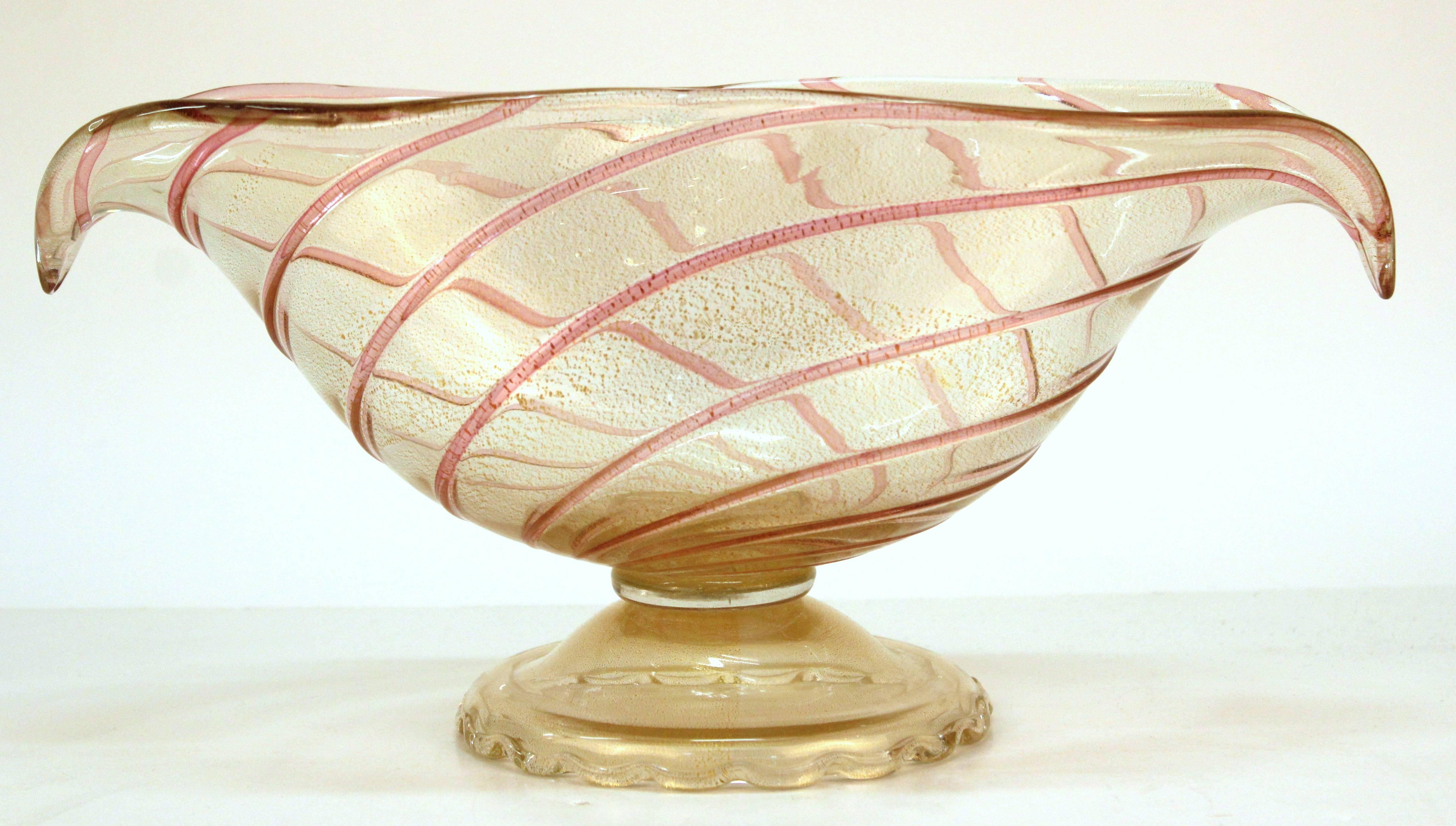 Italian Murano Glass Vase or Bowl in Swirl Pattern with Gold Flakes