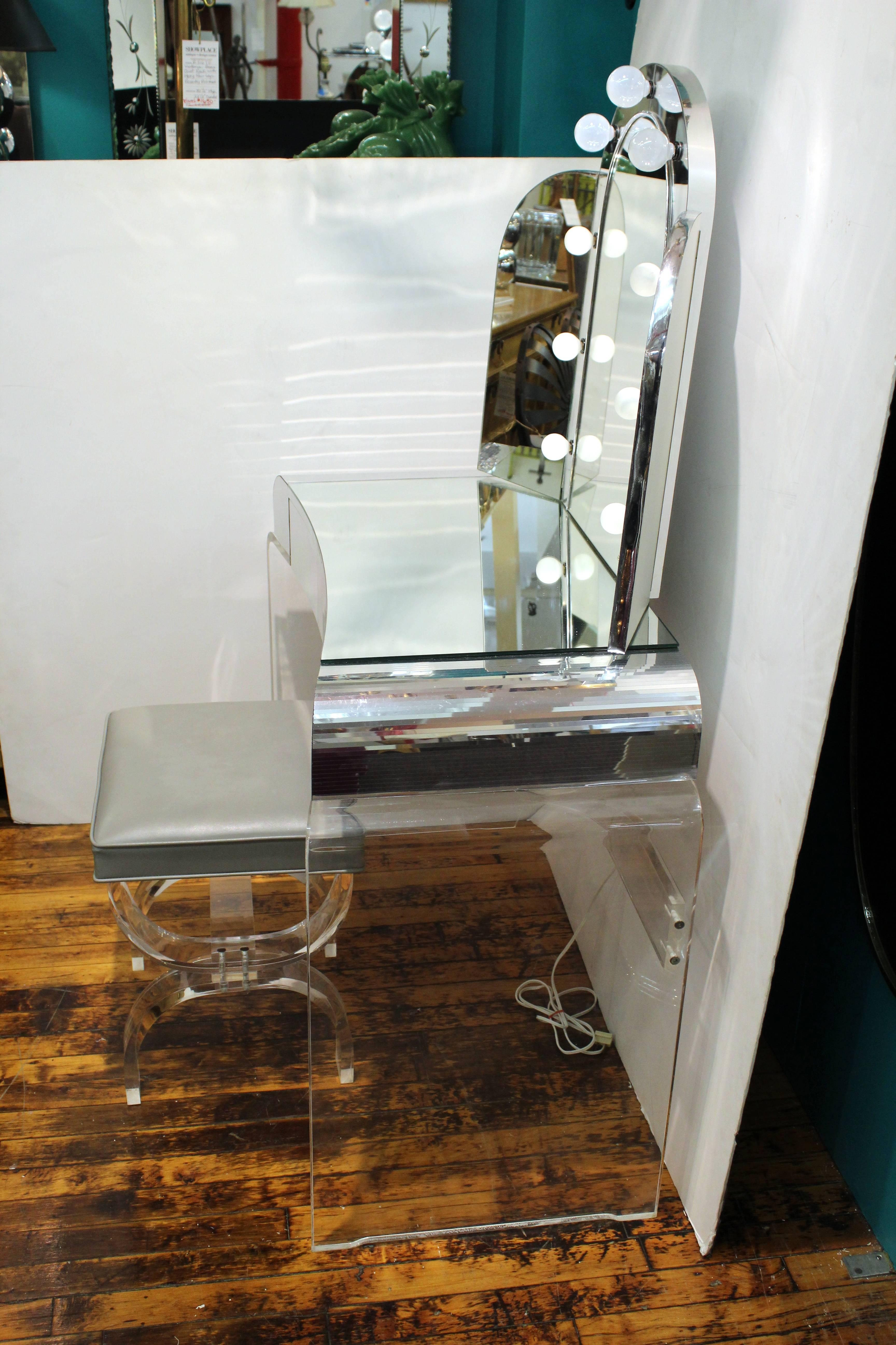 Mid-Century Modern Lucite and Chrome Vanity with Bench by Hill Manufacturing