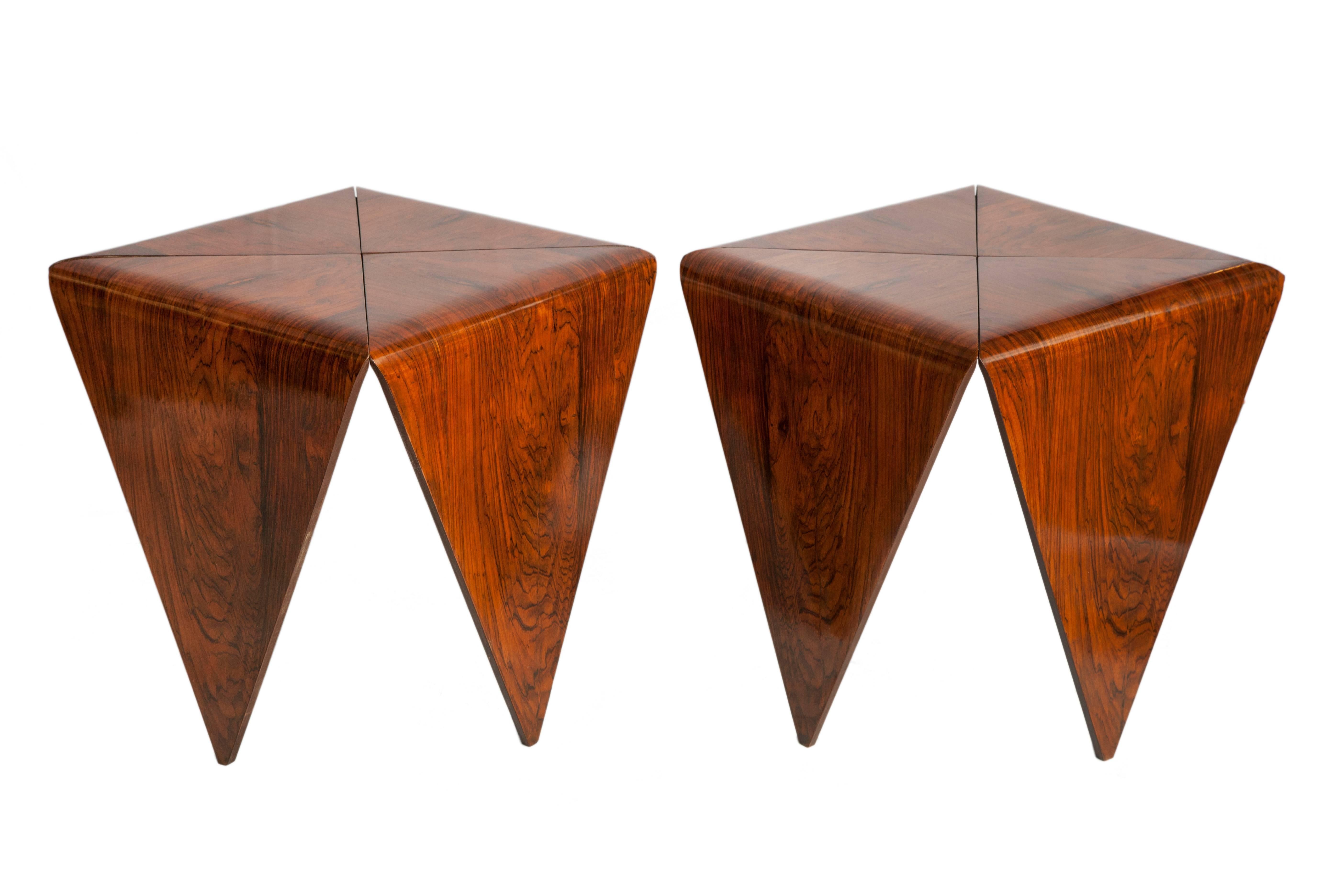 A pair of Jorge Zalszupin 'Petala' side and end tables in stunning jacaranda, manufactured circa 1960s. These Brazilian Mid-Century Modern tables have been crafted into linear, highly modernistic forms. Good vintage condition, wear consistent with