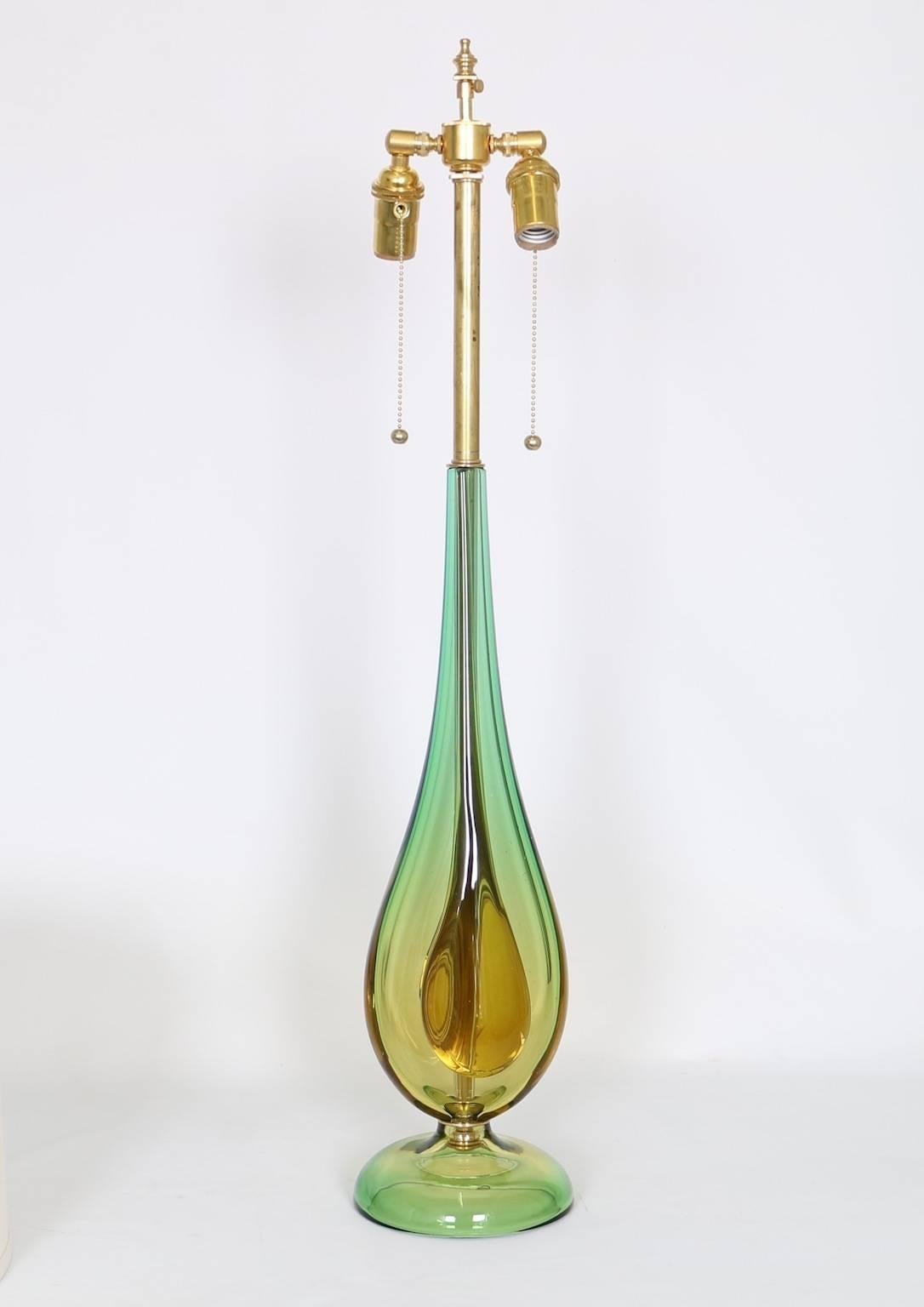 Italian Seguso Murano Sommerso Glass Table Lamp in Green and Amber