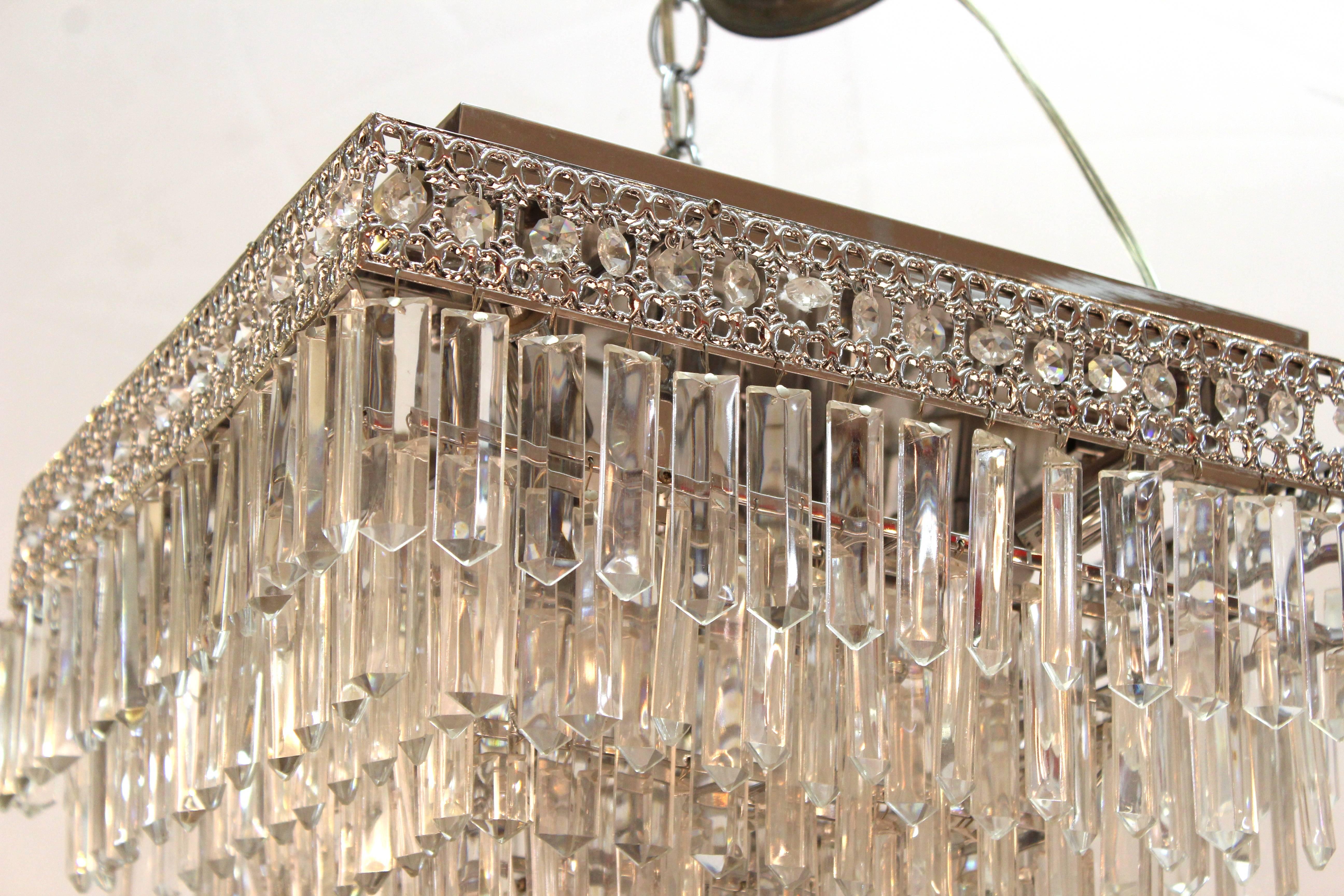 Italian Mid-Century Modern Chrome Chandelier with Murano Crystal Prisms In Excellent Condition In New York, NY