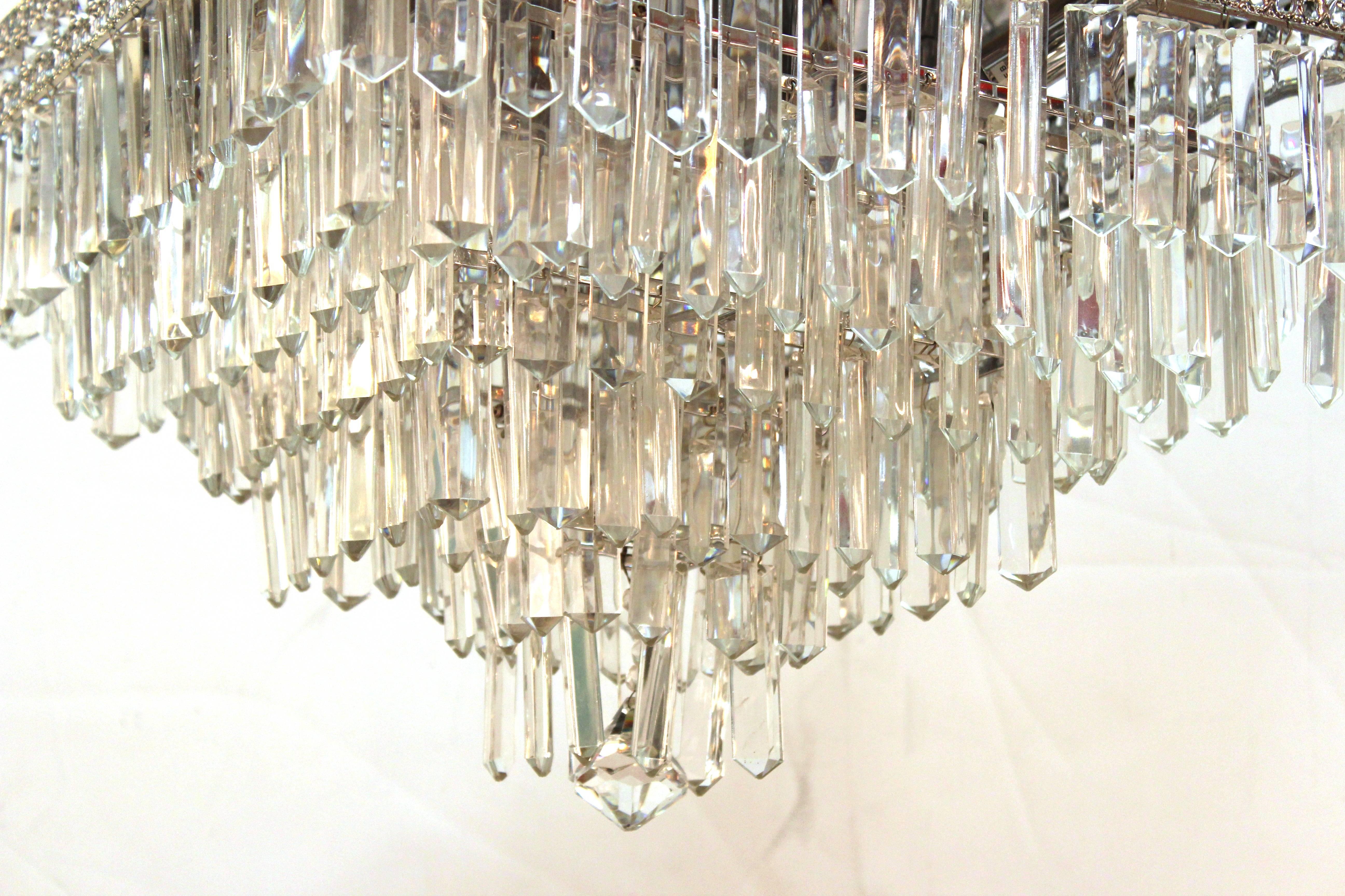 Italian Mid-Century Modern Chrome Chandelier with Murano Crystal Prisms 1