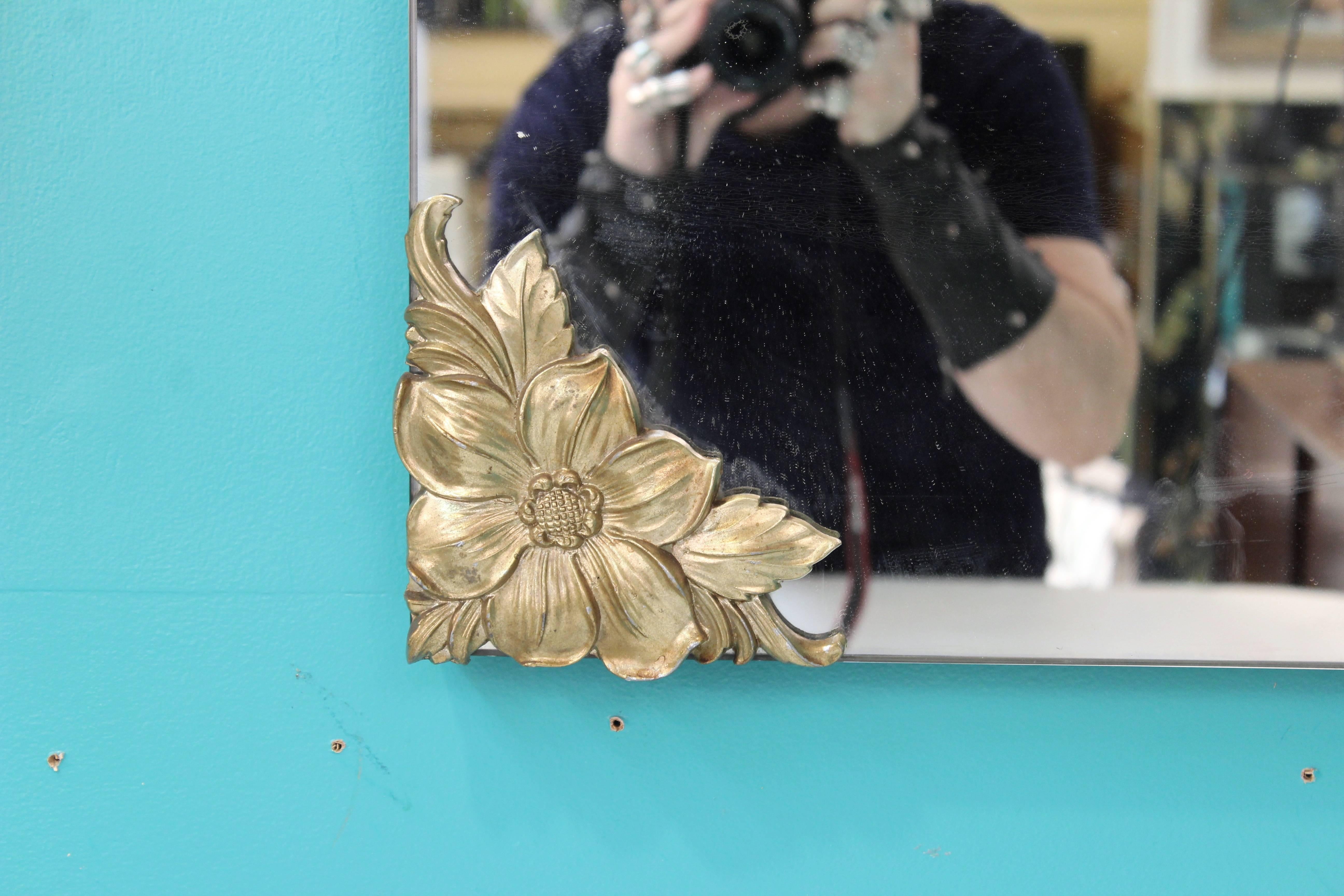 Mid-20th Century Hollywood Regency Mirror with Brass Floral Decorated Corners