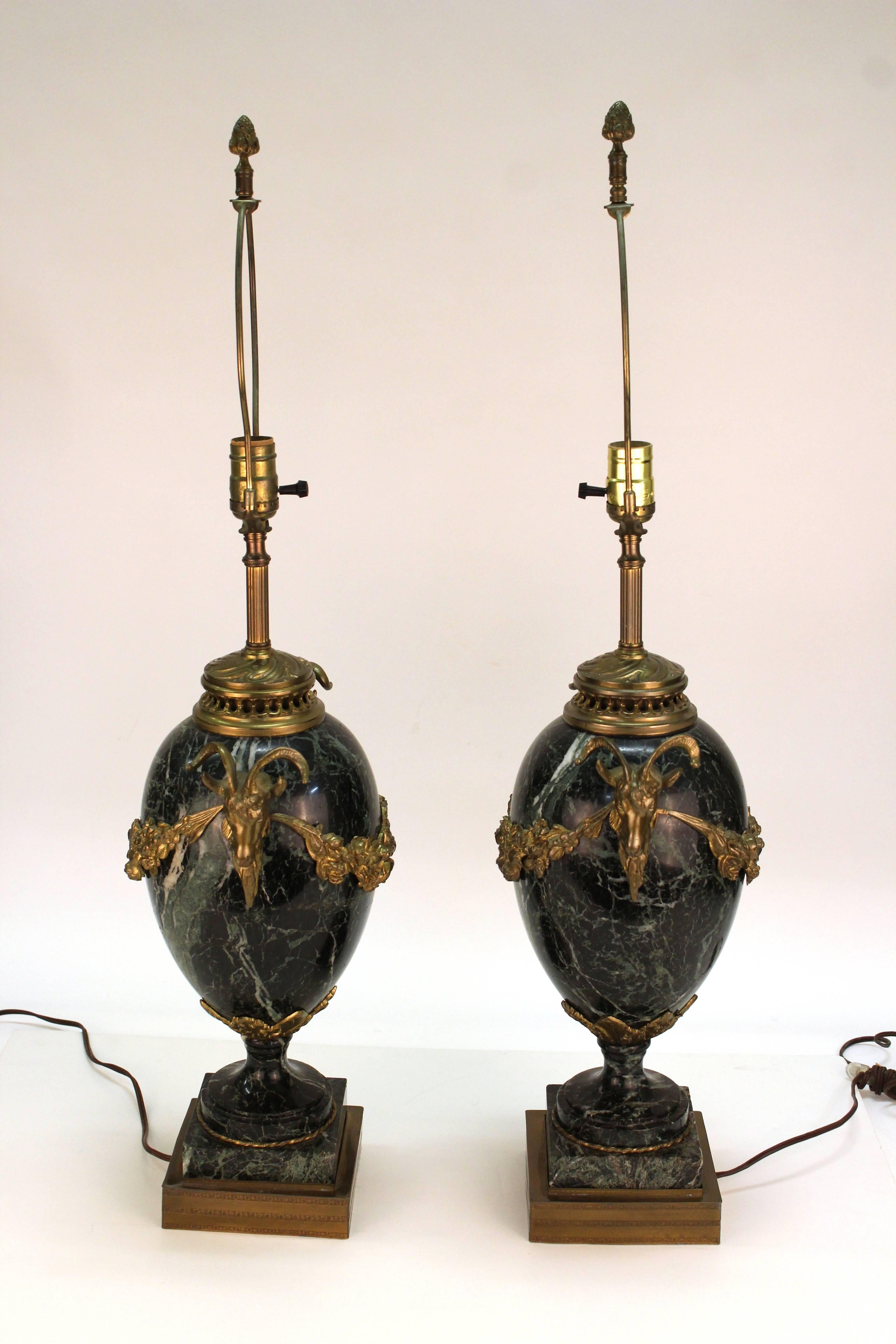 Neoclassical Marble and Bronze Urn Table Lamps, Pair In Good Condition In Astoria, NY