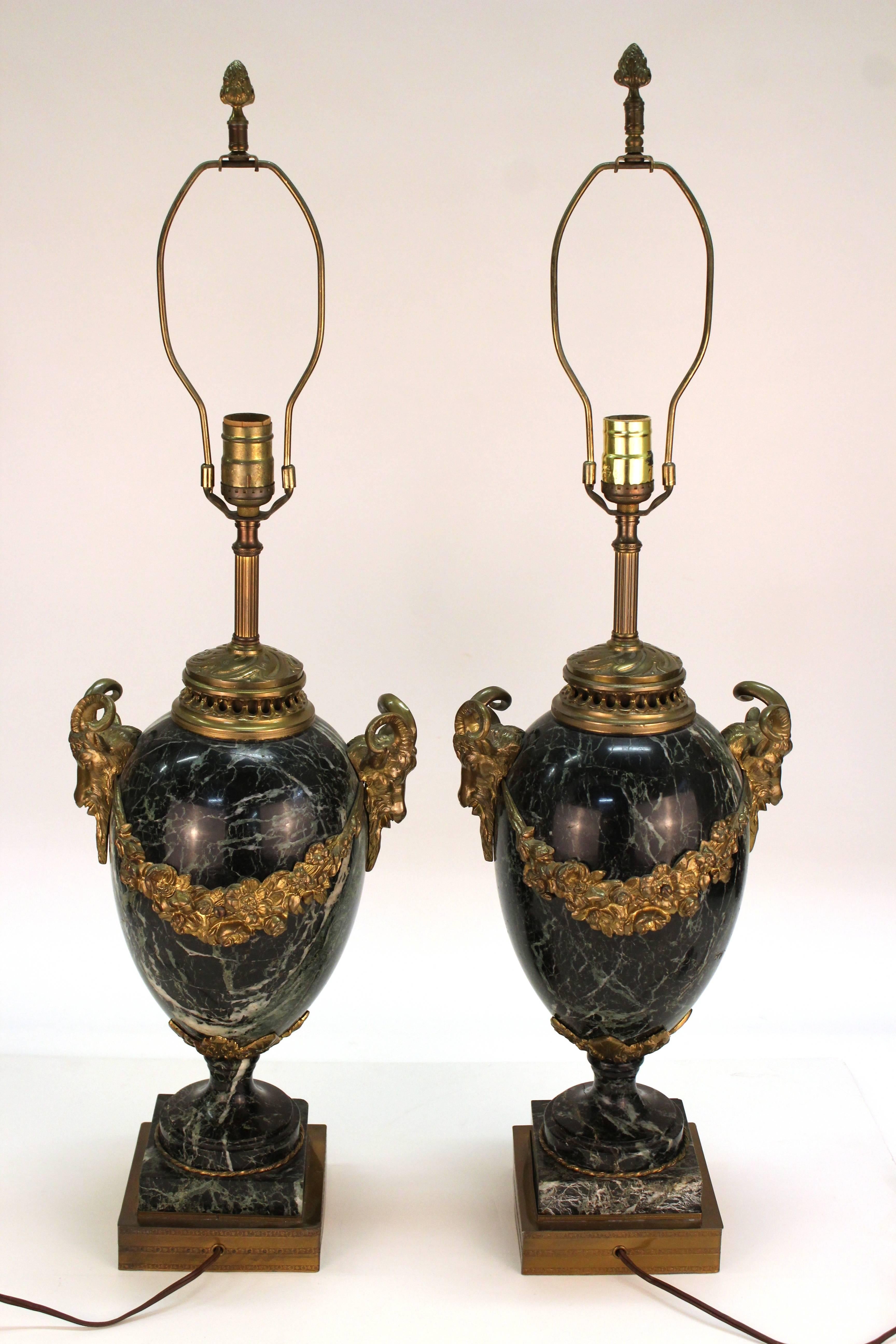 19th Century Neoclassical Marble and Bronze Urn Table Lamps, Pair