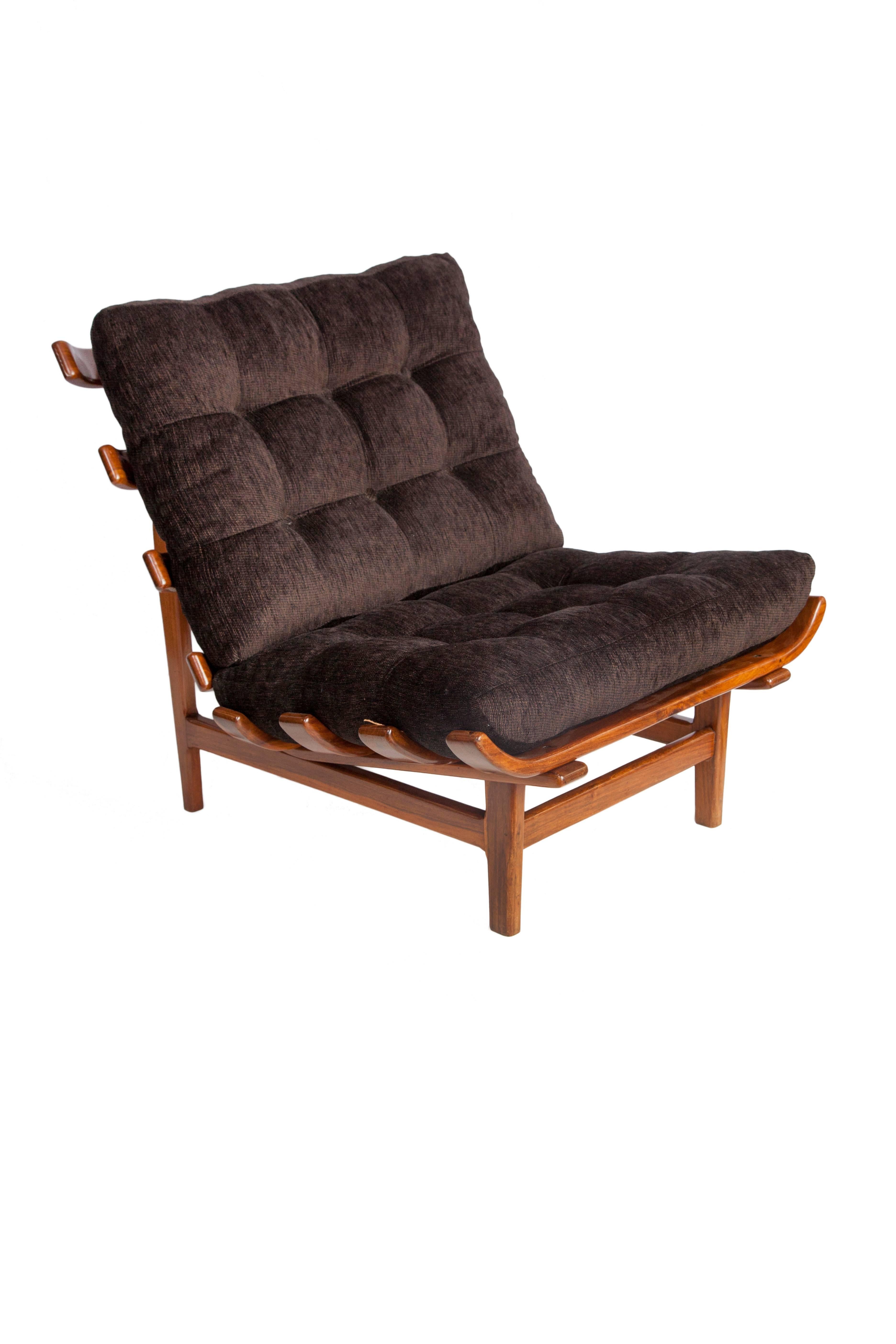 Martin Eisler and Carlo Hauner 'Costela' or rib chair in Brazilian Caviuna wood dating from circa 1950. The chair has been recently reupholstered in black chenille and has a fragment of its original seal located under the seat on one of the wooden