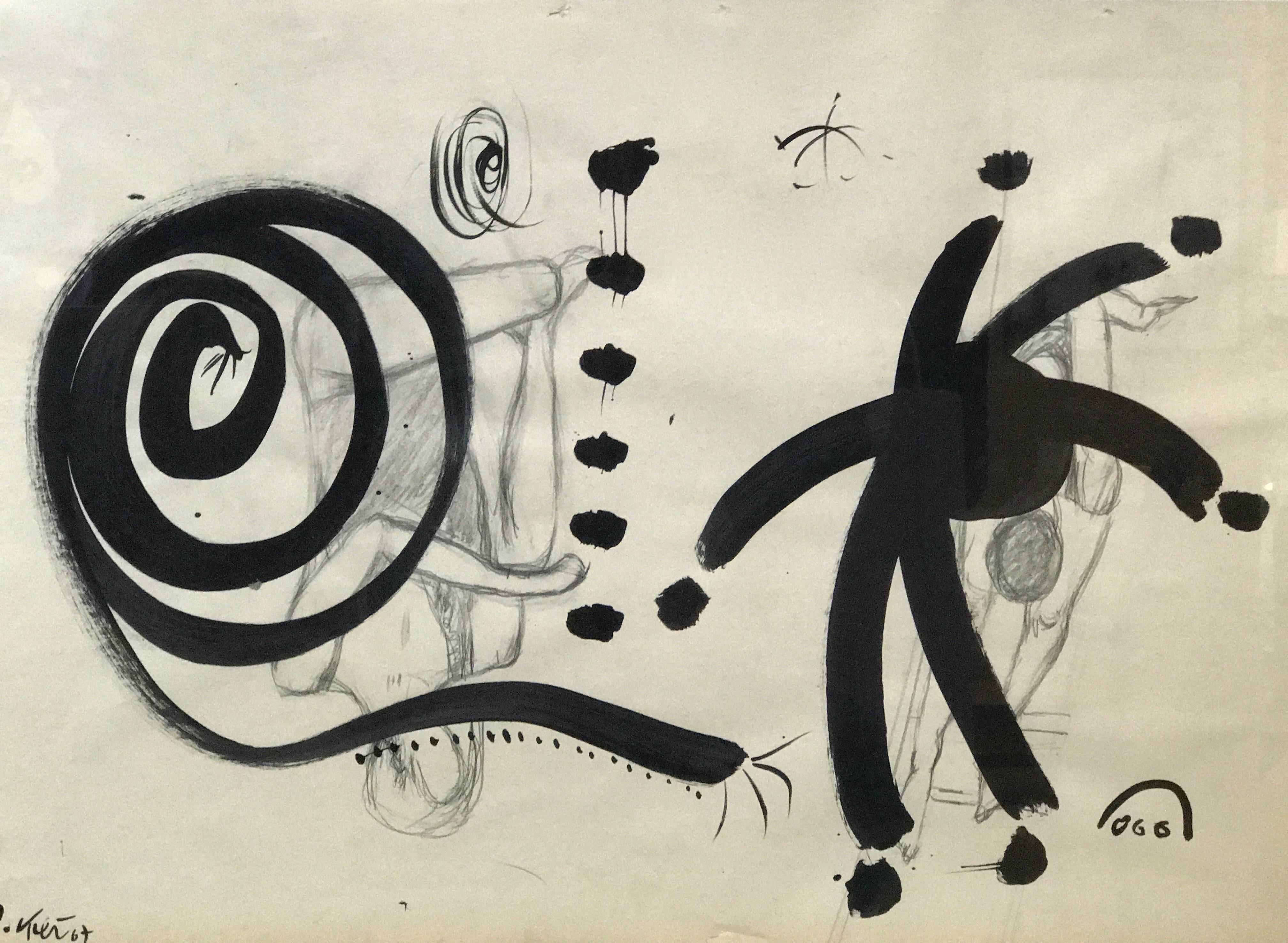 Abstract painting in acrylic on paper, titled 'Omaje to my friend Miro', painted in 1967 by Peter Robert Keil. Signed on the back "Peter Keil Studio Palma, 1967". The piece is in great vintage condition. "Certificate of