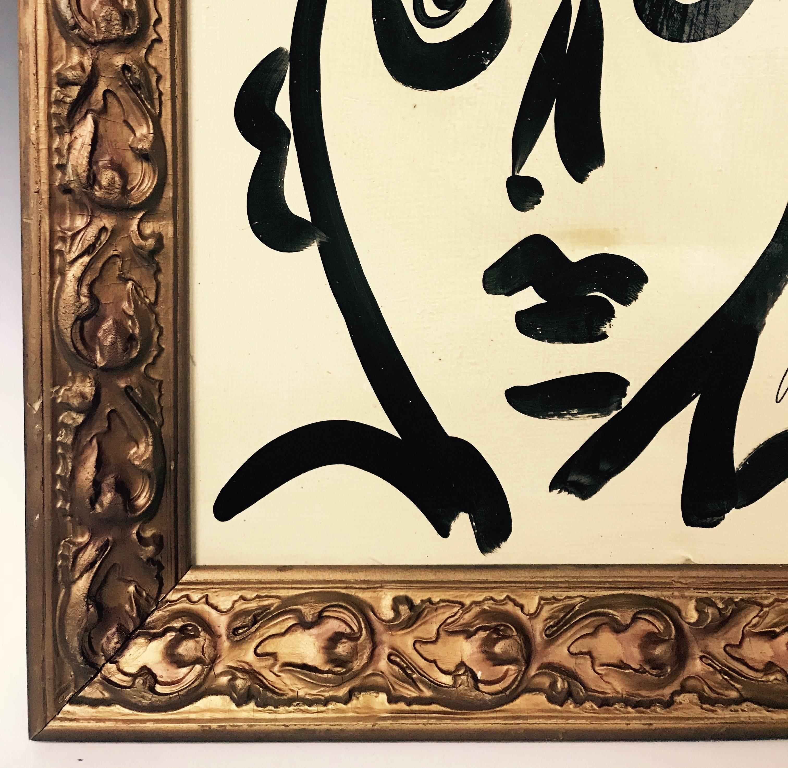 An Abstract framed oil on board portrait painting titled 'Lover Boy' painted by Peter Robert Keil. The piece was created in 1967, in the artist's 'Studio Miro' and signed on the back. The piece is in great vintage condition.