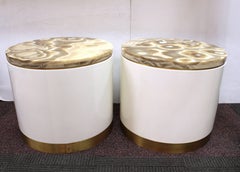 Mid-Century Modern Marble Top Metal Drum Side Tables