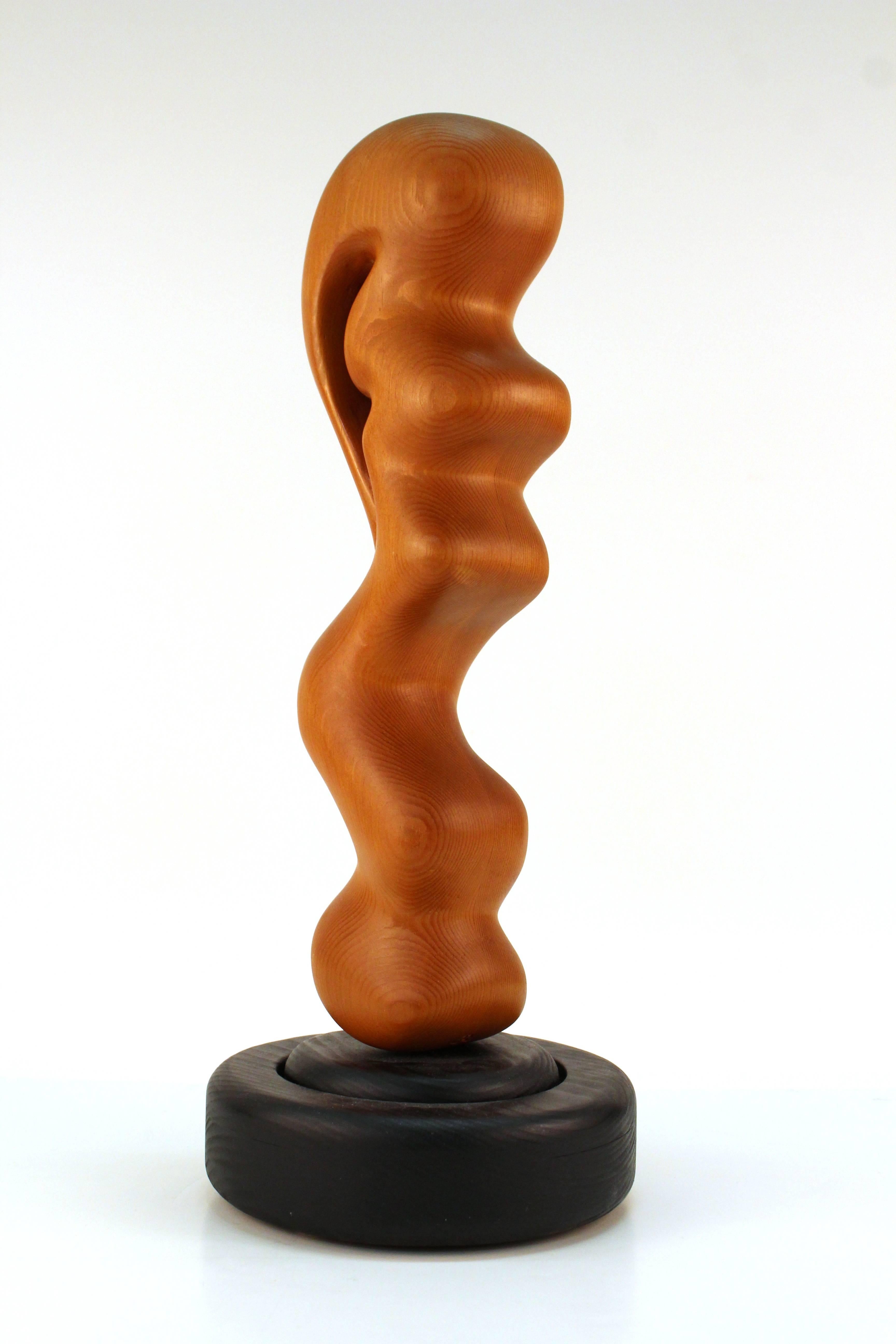 A modernist wood sculpture in sinuous curves and forms, on an ebonized circular rotating wooden base. The sculpted wood shows its natural grain. Unknown mark on the lower edge where the sculpture meets the base. In great vintage condition with some