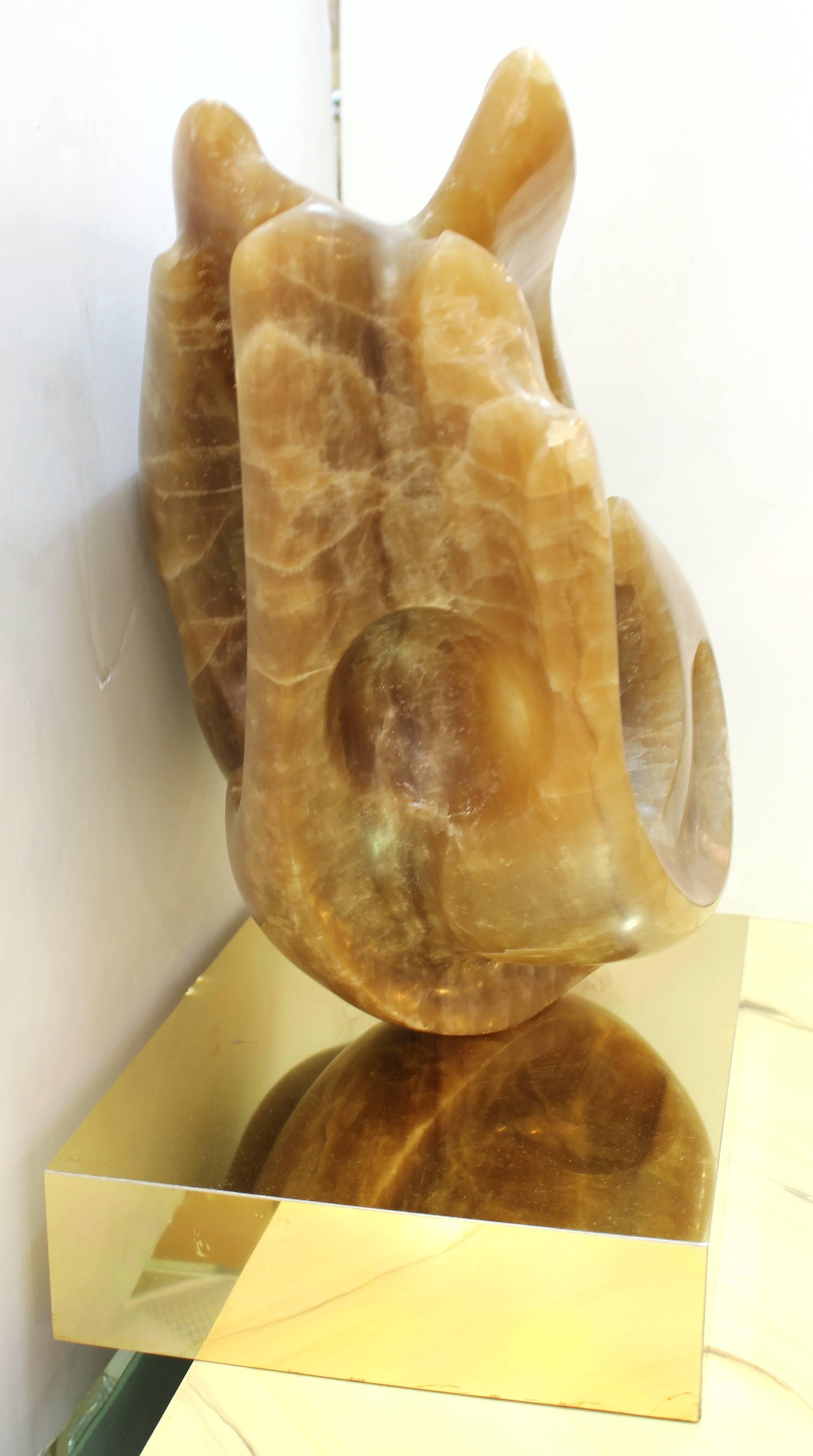 Late 20th Century Modernist Abstract Carved Onyx Sculpture on Brass Base