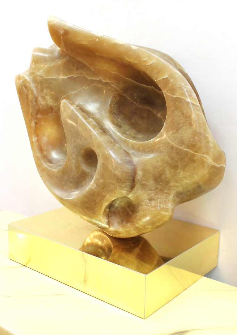 Modernist Abstract Carved Onyx Sculpture on Brass Base at 1stDibs