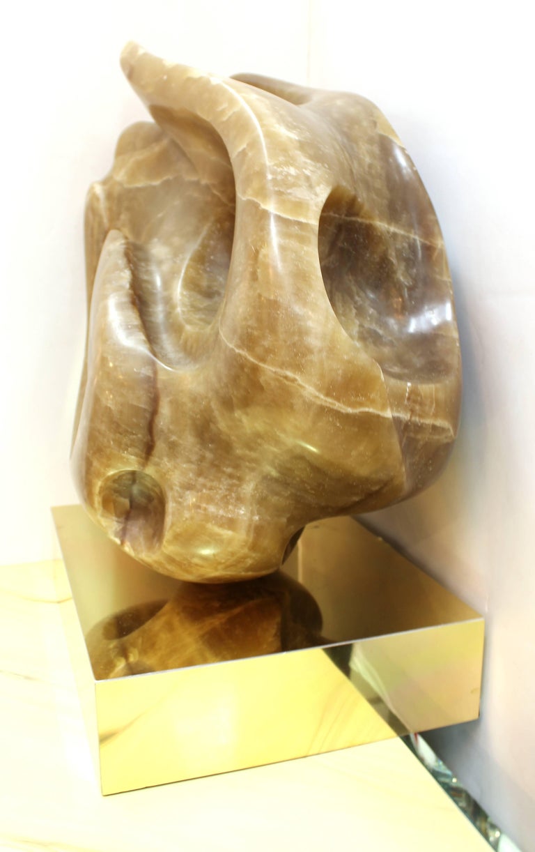 Modernist Abstract Carved Onyx Sculpture on Brass Base at 1stDibs