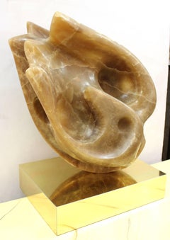 Modernist Abstract Carved Onyx Sculpture on Brass Base