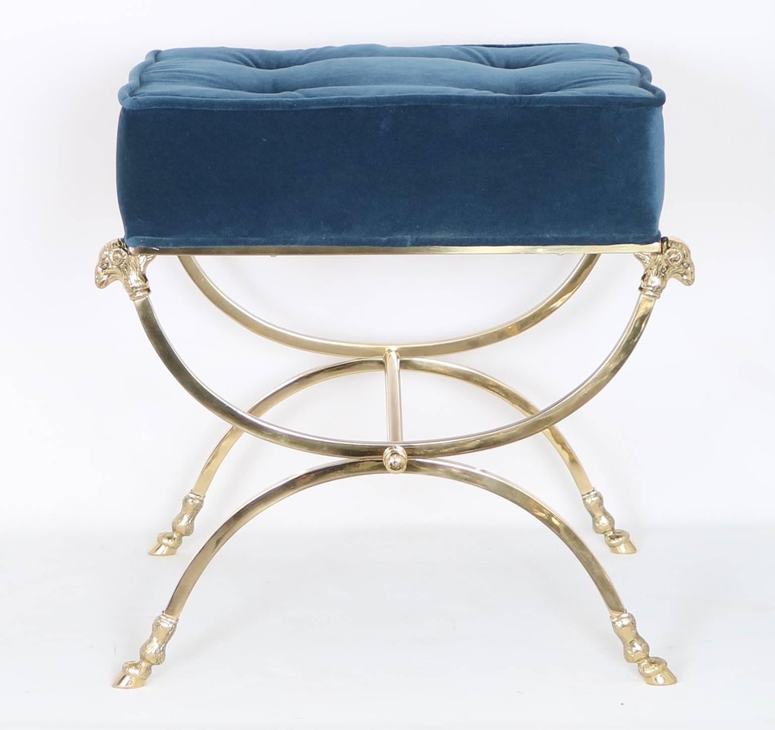 Polished Hollywood Regency Italian Brass Campaign Stool in the Style of Maison Jansen