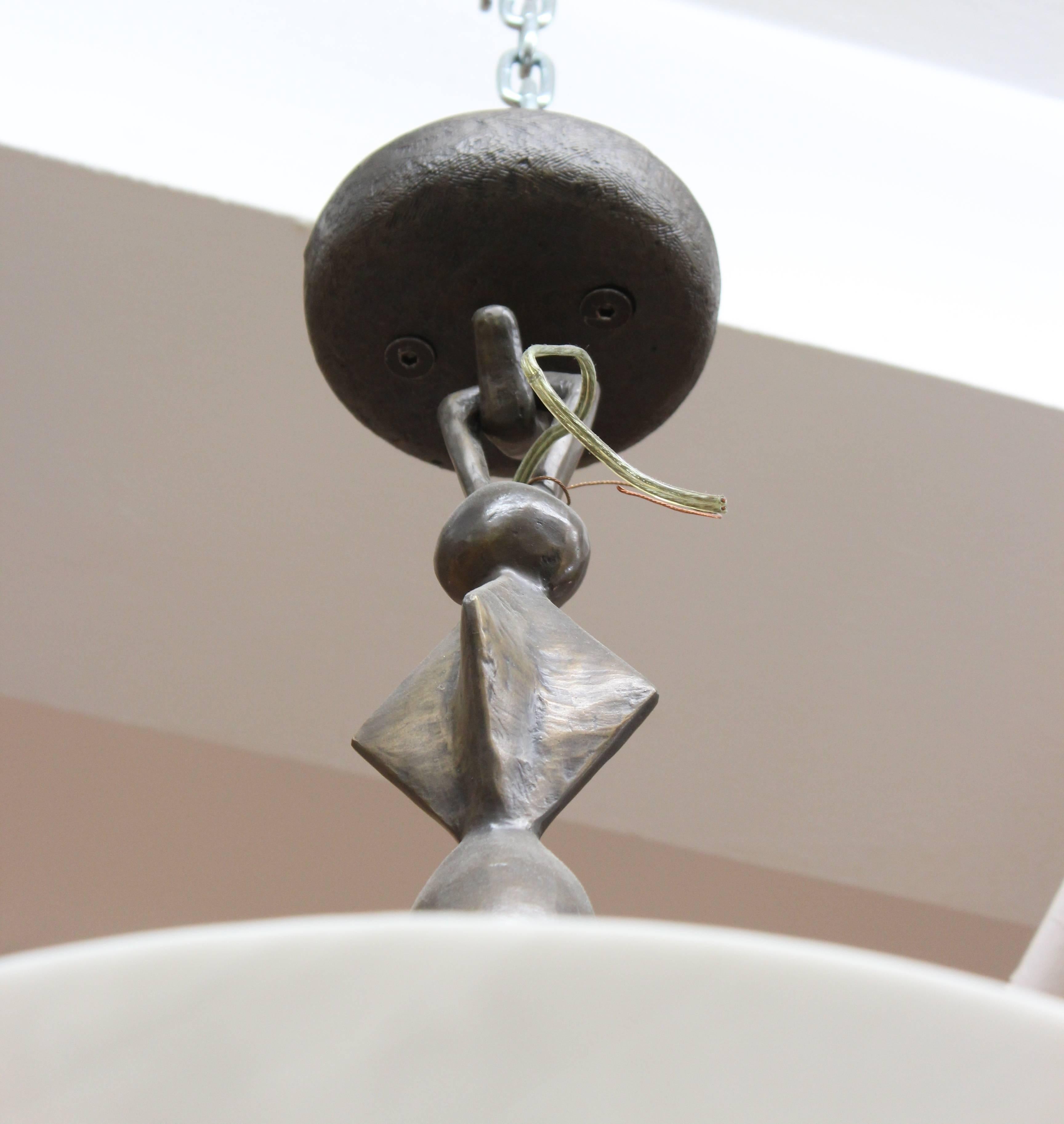 Giacometti Style Bronze Chandelier with Large White Dome Shade In Good Condition In New York, NY
