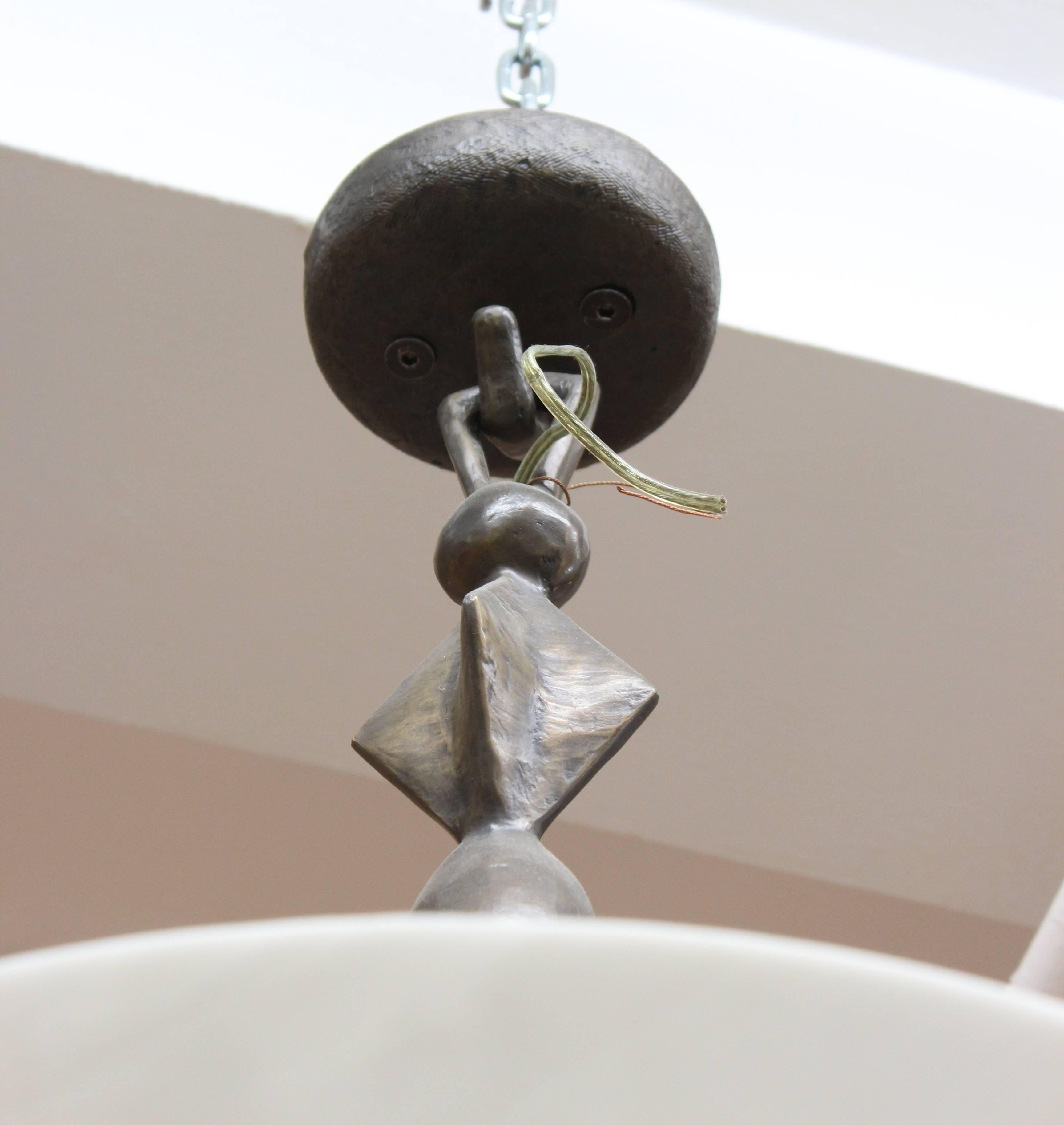 Giacometti Style Bronze Chandelier with Large White Dome Shade In Good Condition In Astoria, NY