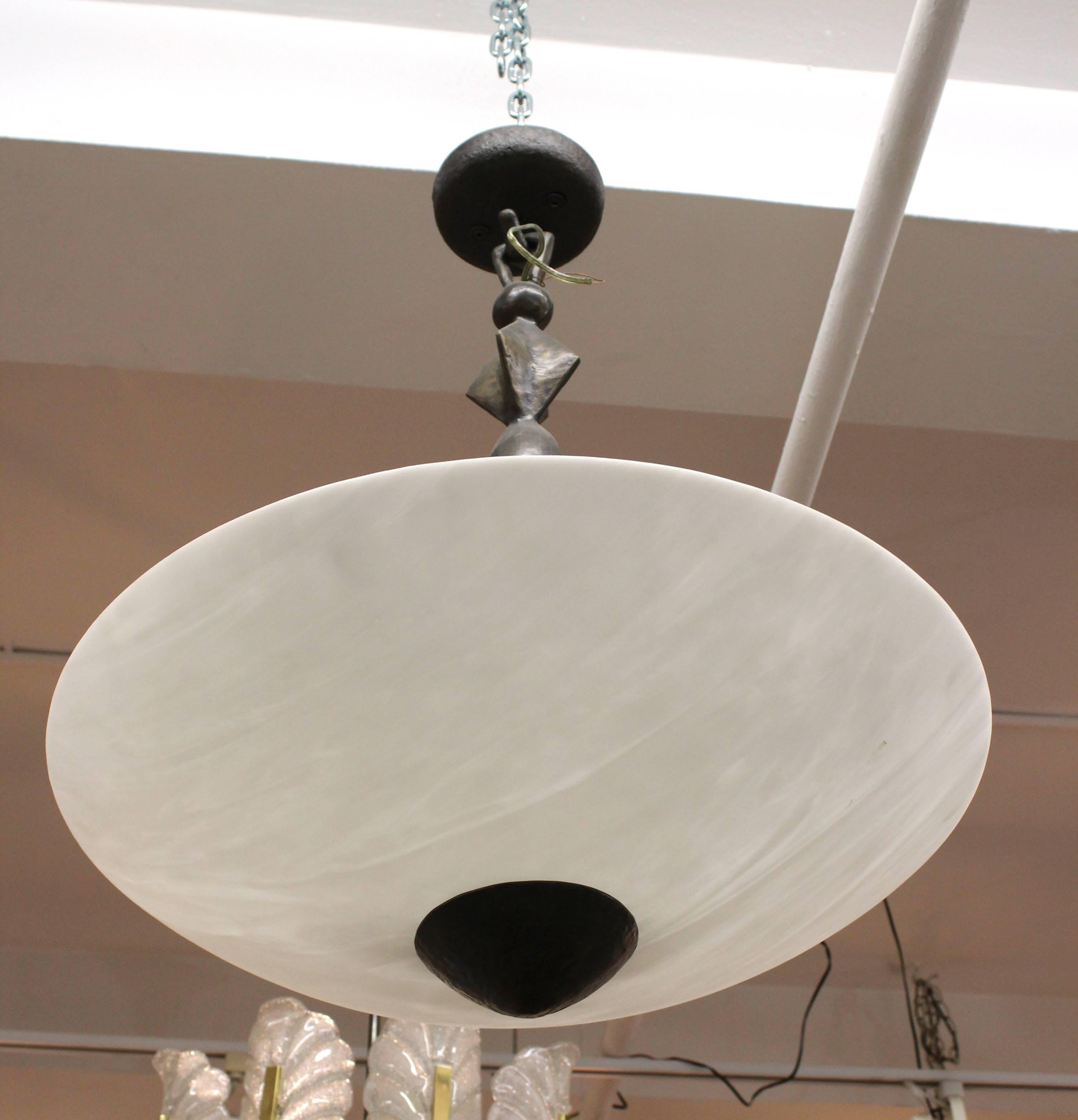 Mid-Century Modern Giacometti Style Bronze Chandelier with Large White Dome Shade