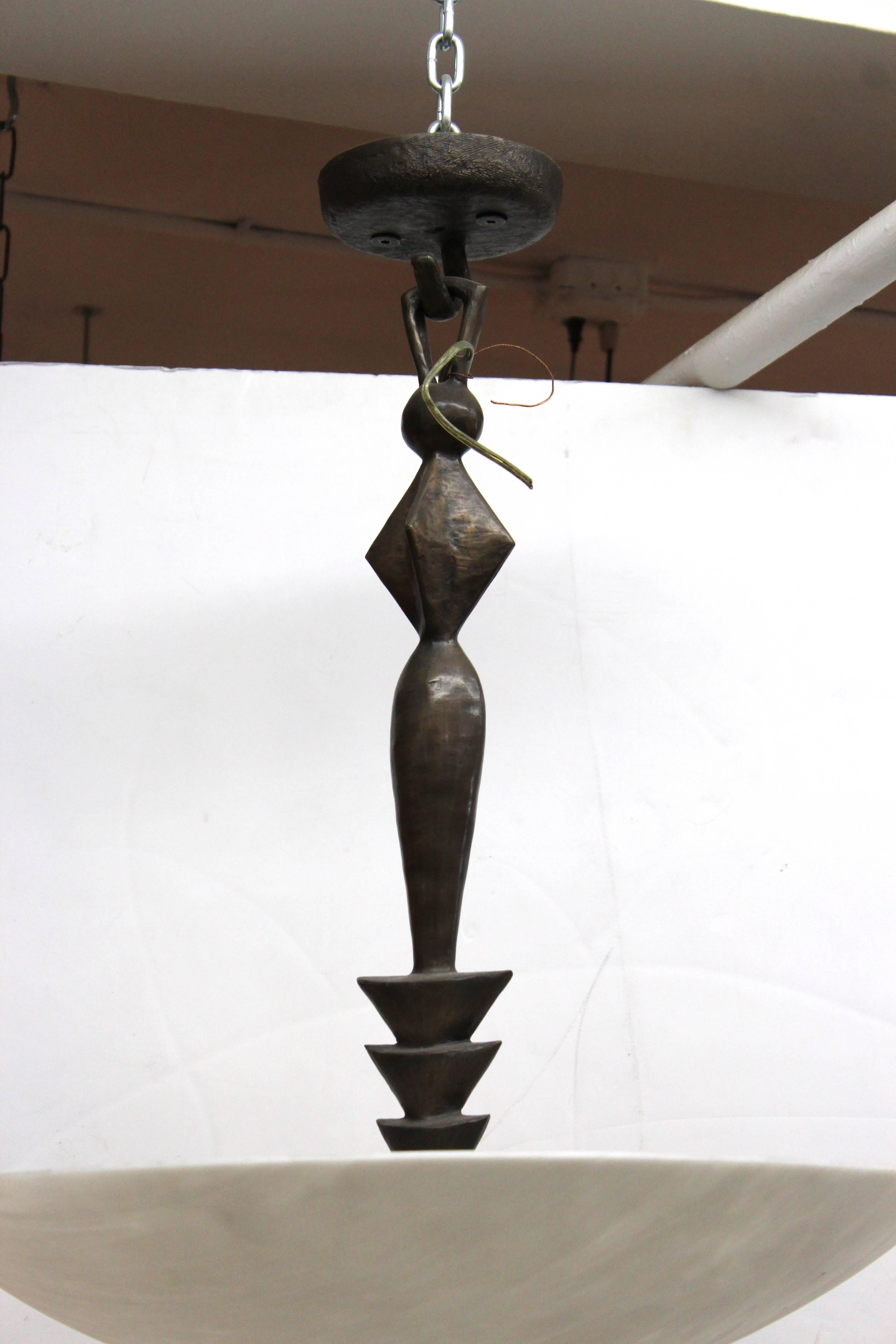 Unknown Giacometti Style Bronze Chandelier with Large White Dome Shade